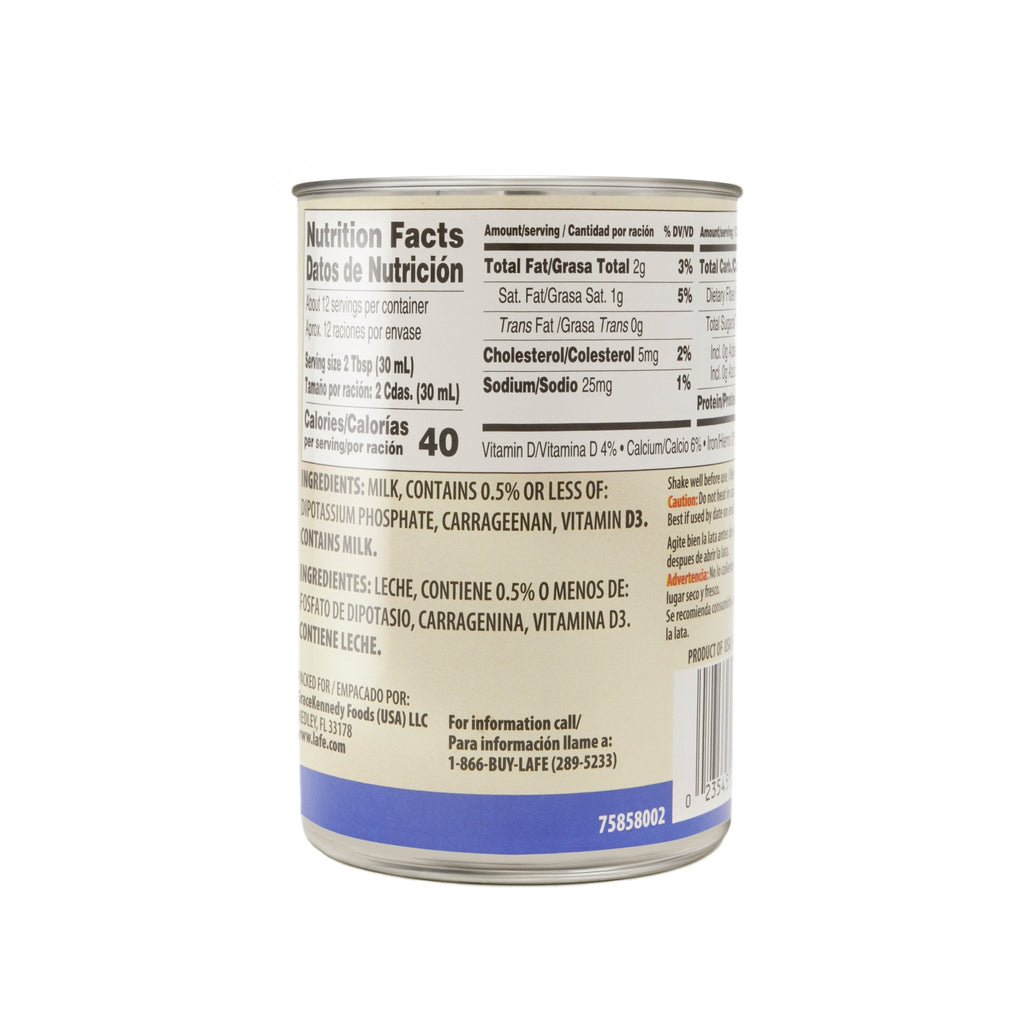 Nutrition facts label of LA FE Evaporated Milk can, showcasing creamy and quality Latin food product.