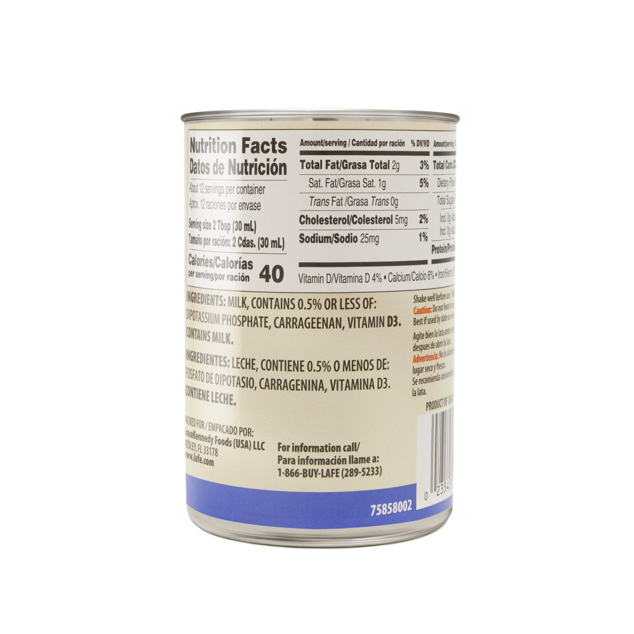 Nutrition facts label of LA FE Evaporated Milk can, showcasing creamy and quality Latin food product.