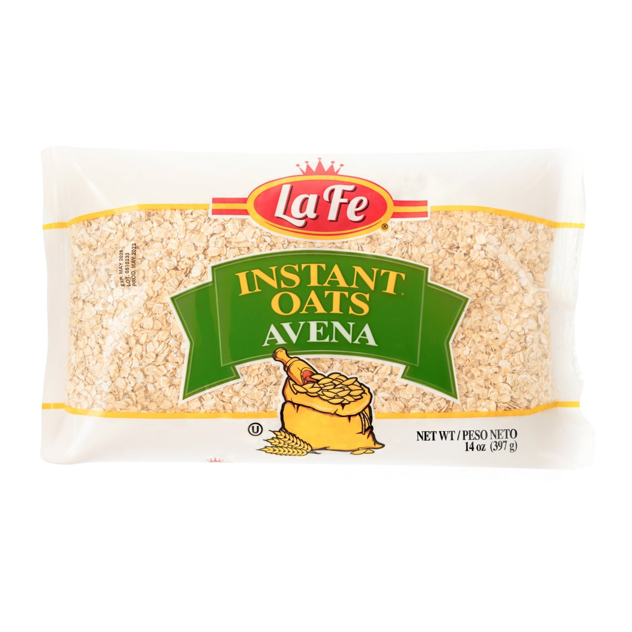 La Fe Instant Oats 14 oz pack, nutritious whole grain option for quick breakfast, ideal for quality Latin food lovers.