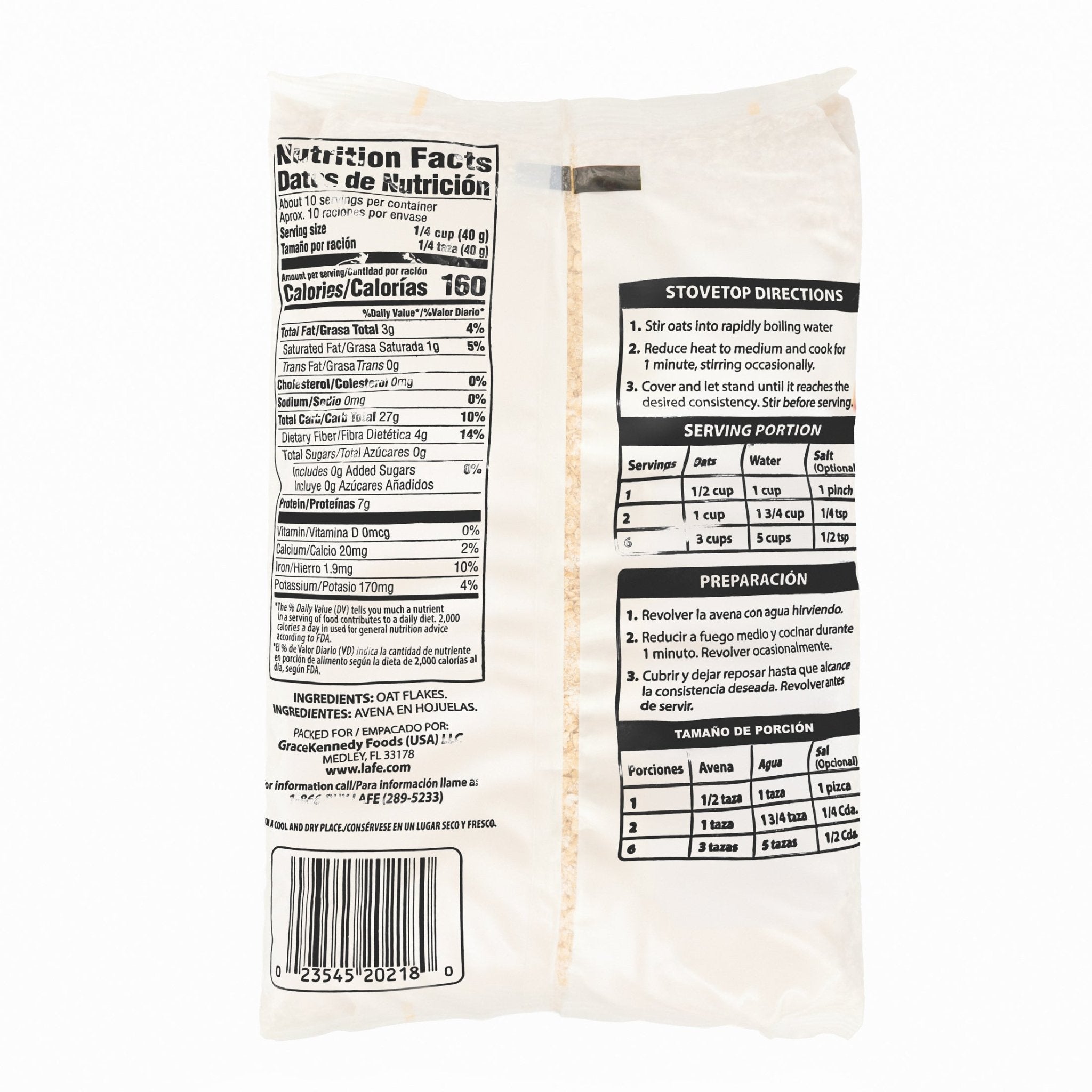 LA FE Quick Oats packaging showing nutritional facts and preparation instructions for a quality Latin breakfast.