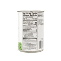 Nutrition facts label for La Fe Veg Can Sweet Peas showcasing fiber and vitamins in English and Spanish.