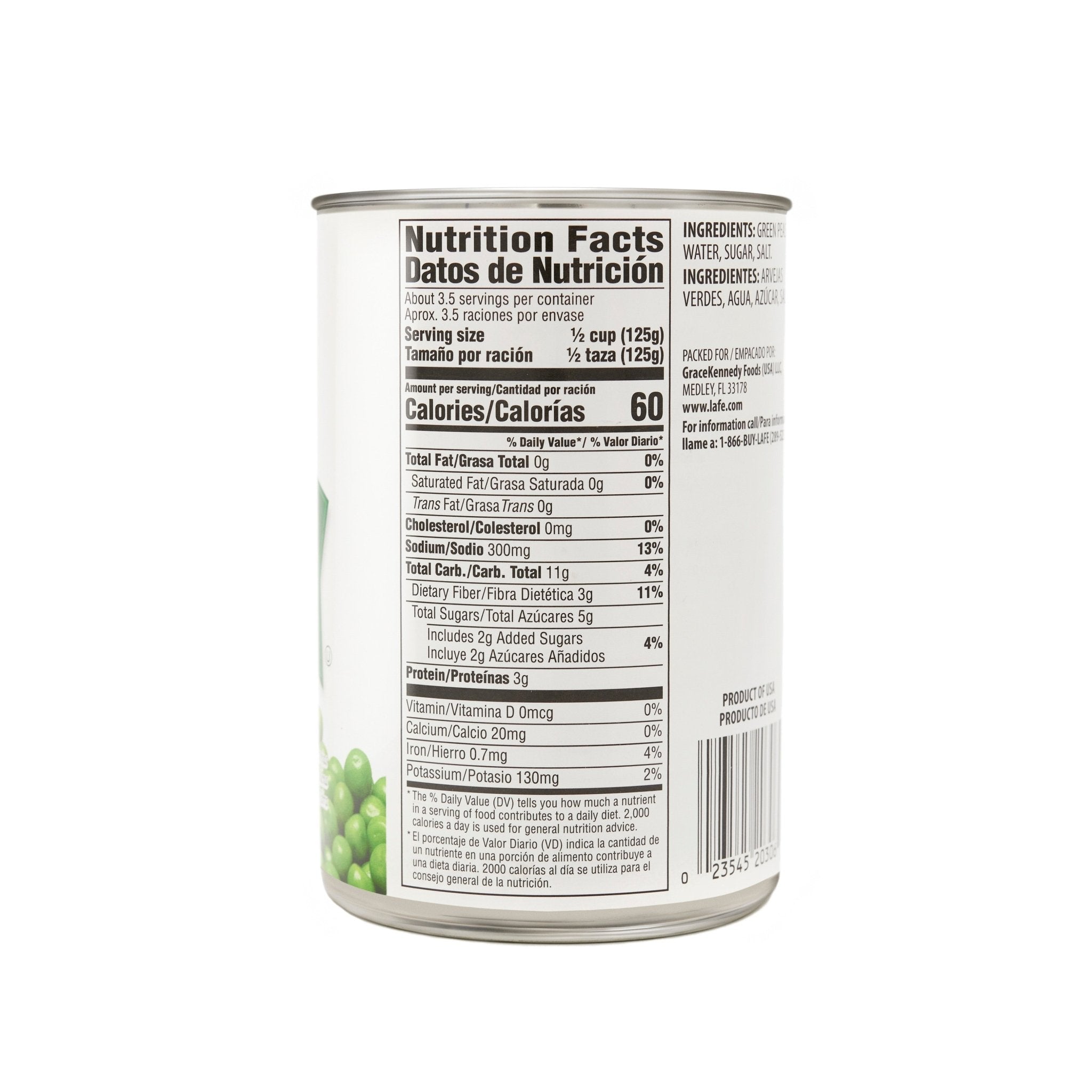 Nutrition facts label for La Fe Veg Can Sweet Peas showcasing fiber and vitamins in English and Spanish.