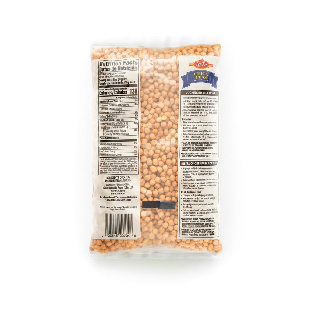 LA FE Dry Chick Peas package, 6X3 LB, high-quality Latin food, perfect for healthy cooking and snacking.