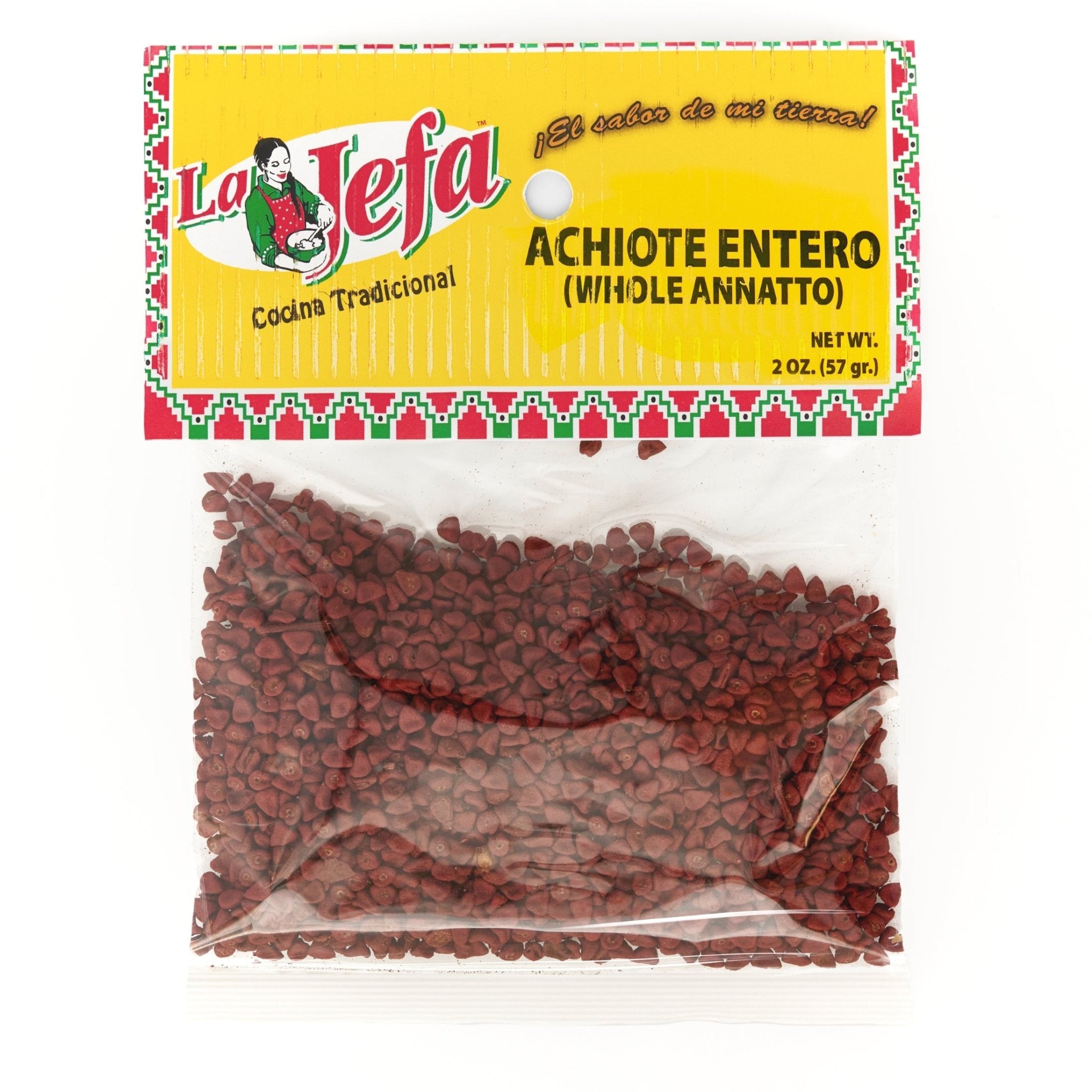 LA JEFA ACHIOTE-ENTERO 2 oz package, all-natural spice for authentic Latin flavors in cooking.