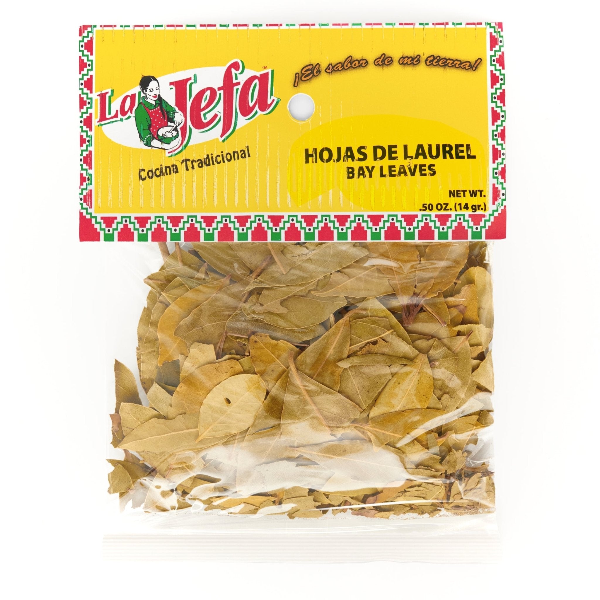 LA JEFA HOJAS DE LAUREL 12/0.5 OZ bag of bay leaves, perfect for enhancing Latin flavors in cooking.