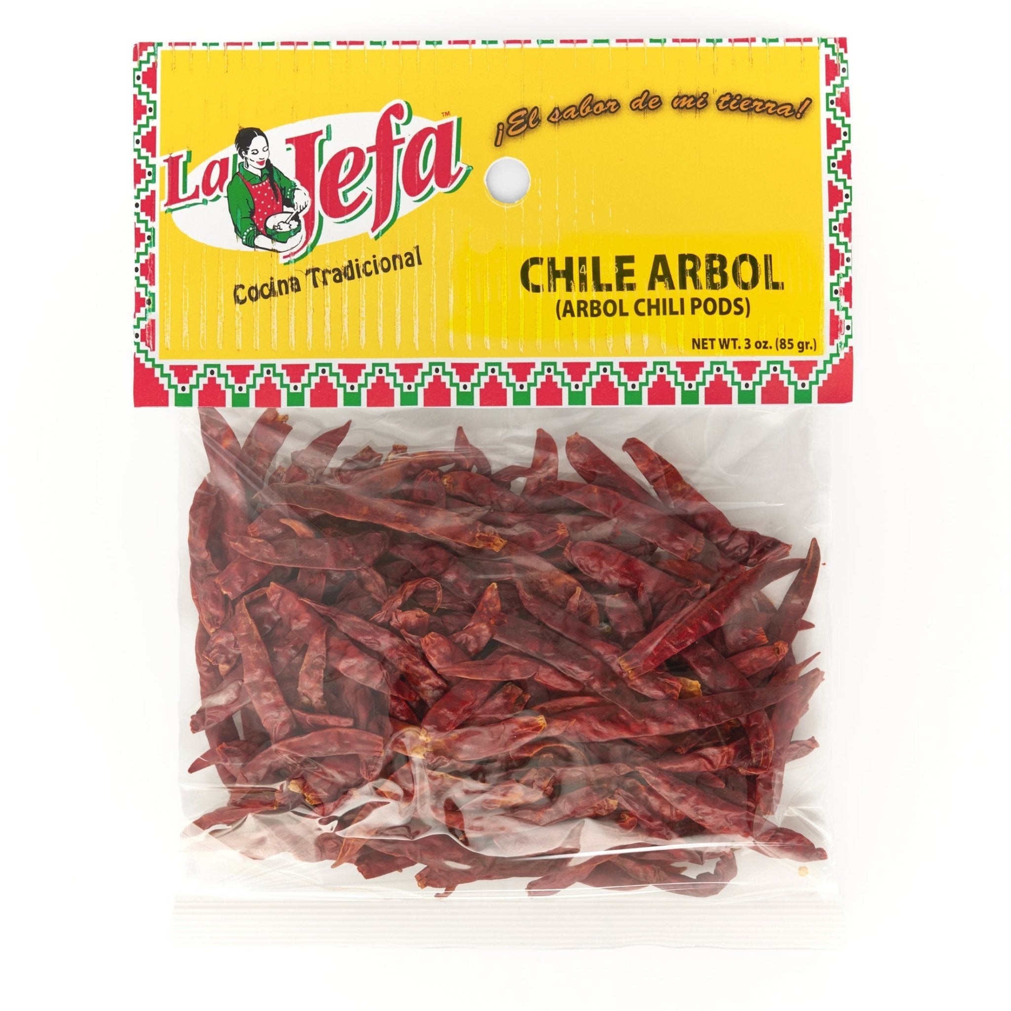 LA JEFA Chile Arbol 3 oz packaging with dried arbol chili pods, perfect for authentic Latin food and flavors.