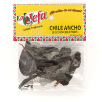 LA JEFA Chile Ancho 3 oz bag with authentic ancho chili pods, perfect for enhancing Latin American flavors.