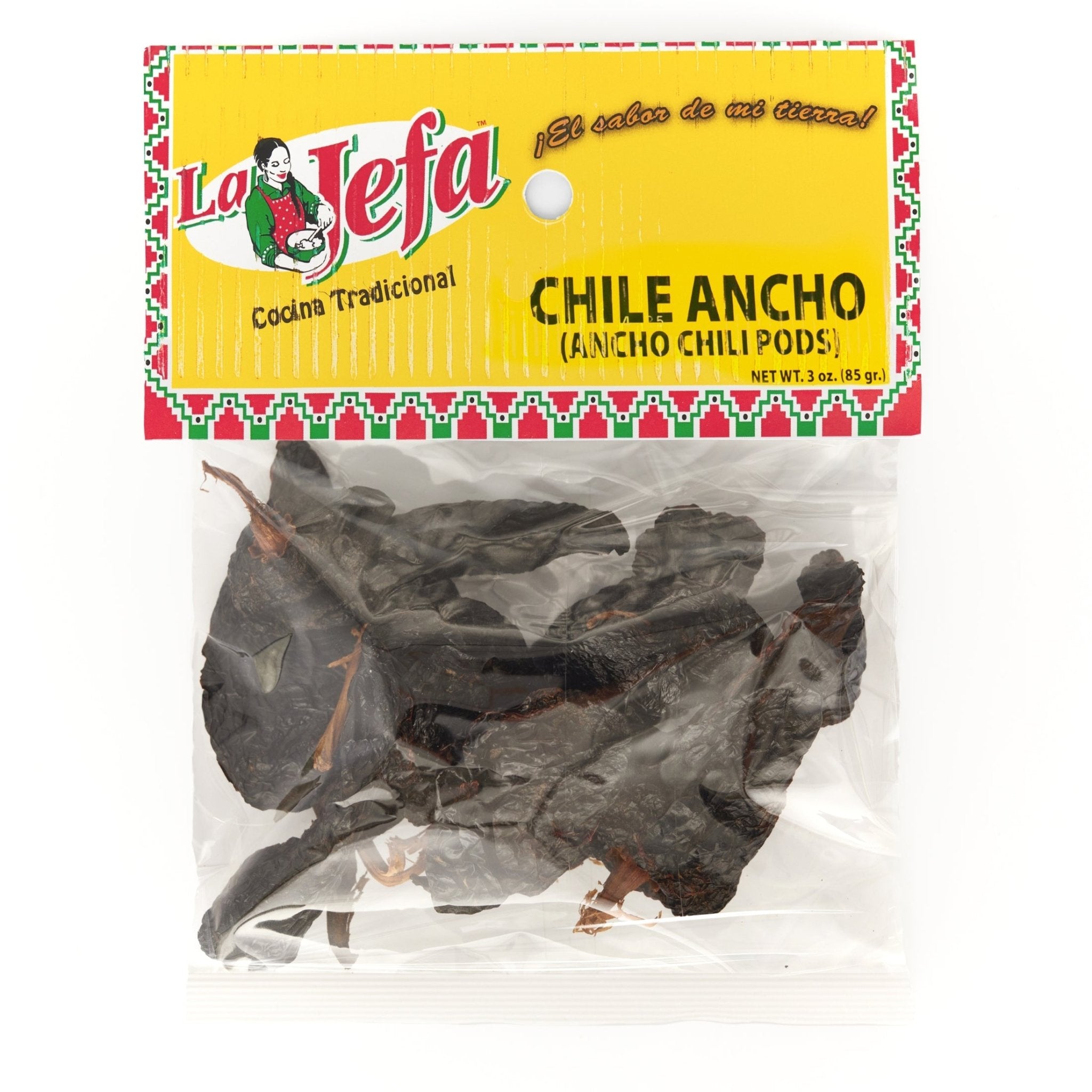 LA JEFA Chile Ancho 3 oz bag with authentic ancho chili pods, perfect for enhancing Latin American flavors.