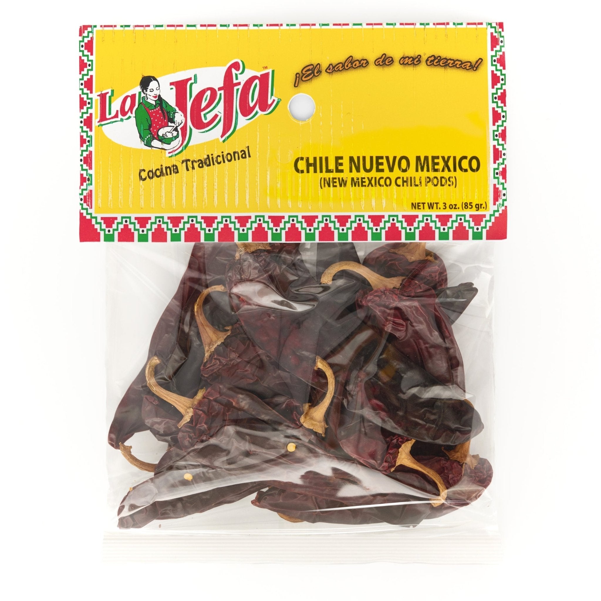 La Jefa Chile Nuevo Mexico 3 oz pack with rich and smoky peppers, ideal for authentic Latin flavors in cooking.