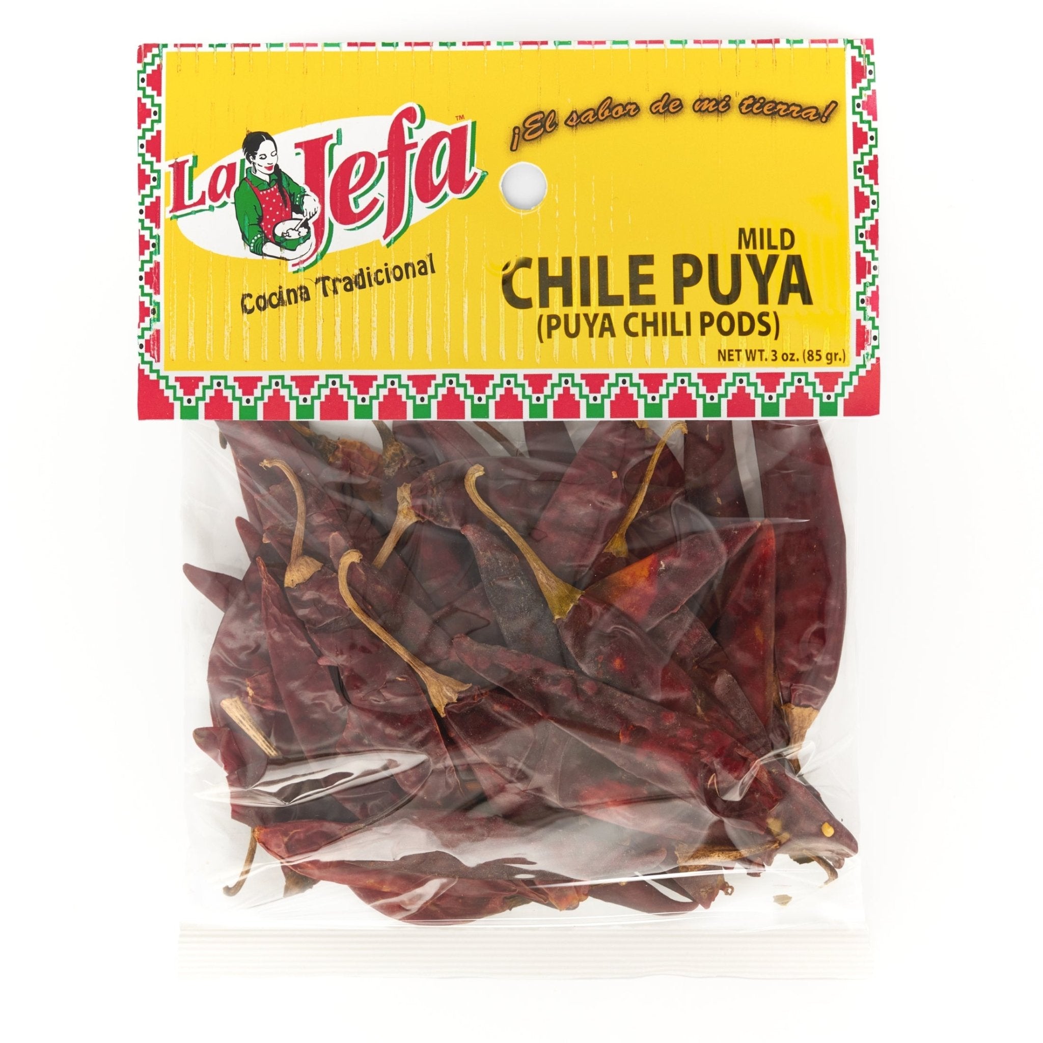LA JEFA Chile Puya 3 oz bag, premium quality mild chili pods for authentic Latin food and flavors.