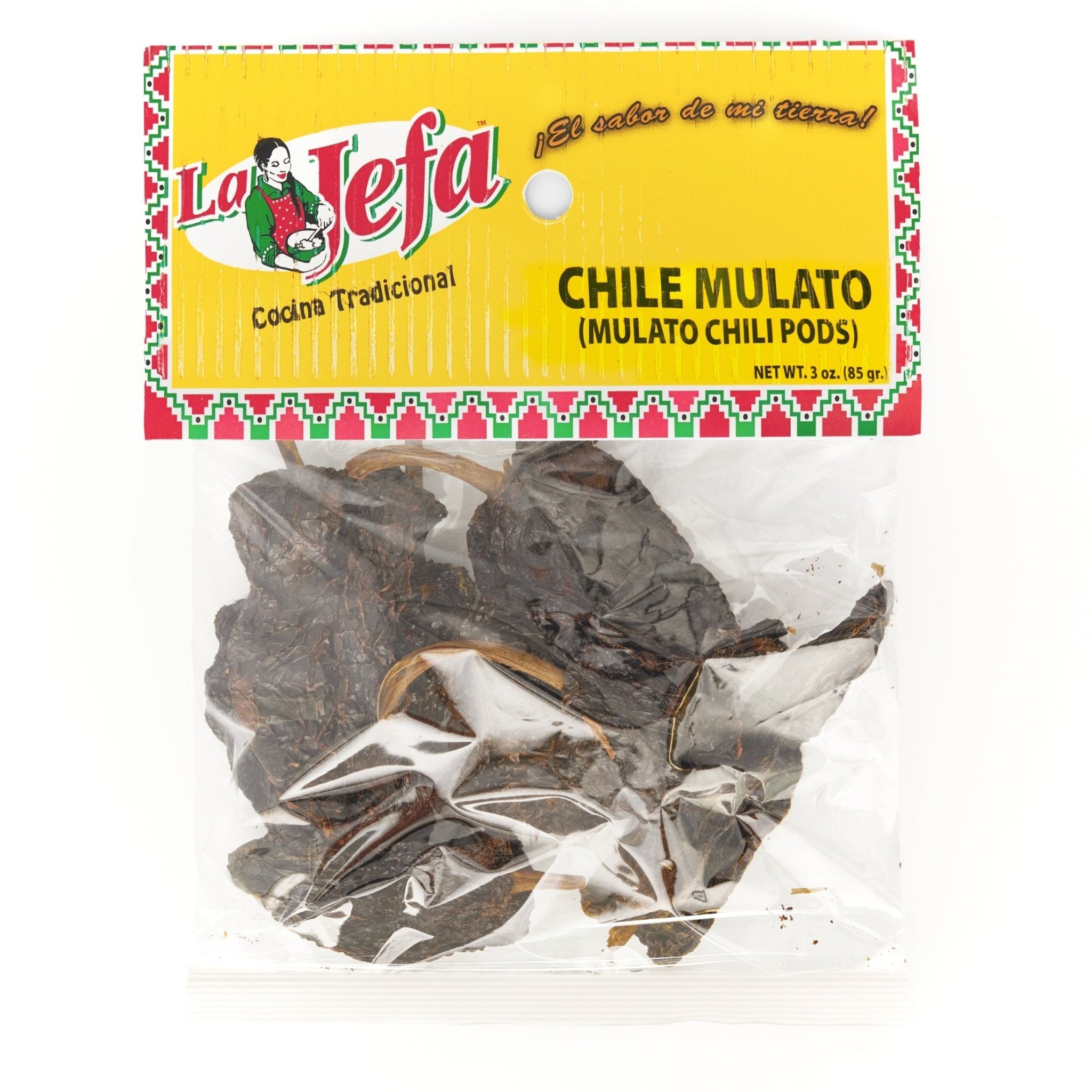 LA JEFA CHILE MULATO 12/3 oz, premium mulato chili pods for authentic Latin flavor in cooking.