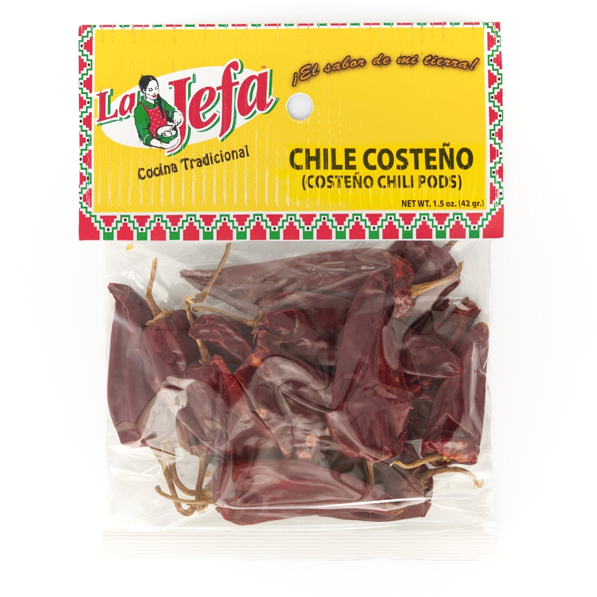 LA JEFA CHILE COSTEÑO 12/1.5 OZ package with traditional chili pods for authentic Latin food.
