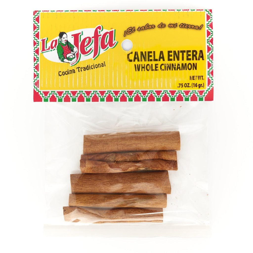 LA JEFA CANELA ENTERA whole cinnamon sticks in package, perfect for adding Latin flavor to your cooking and desserts.