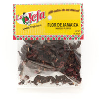 LA JEFA FLOR DE JAMAICA 2 oz package of dried hibiscus flowers, perfect for authentic Latin flavors and quality ingredients.