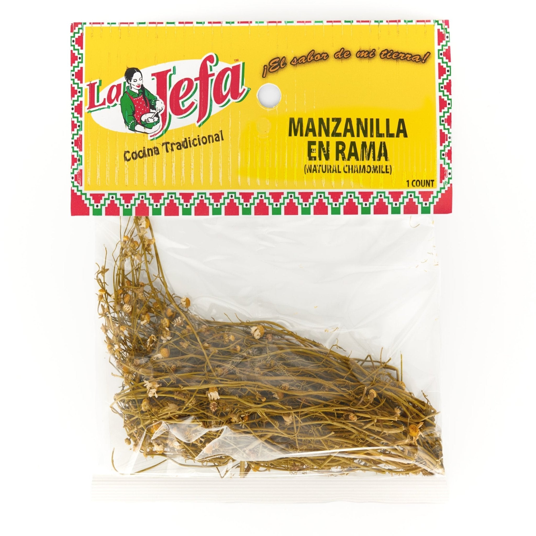 LA JEFA Manzanilla en Rama package, premium Latin food, authentic chamomile flavor for quality tea enthusiasts.