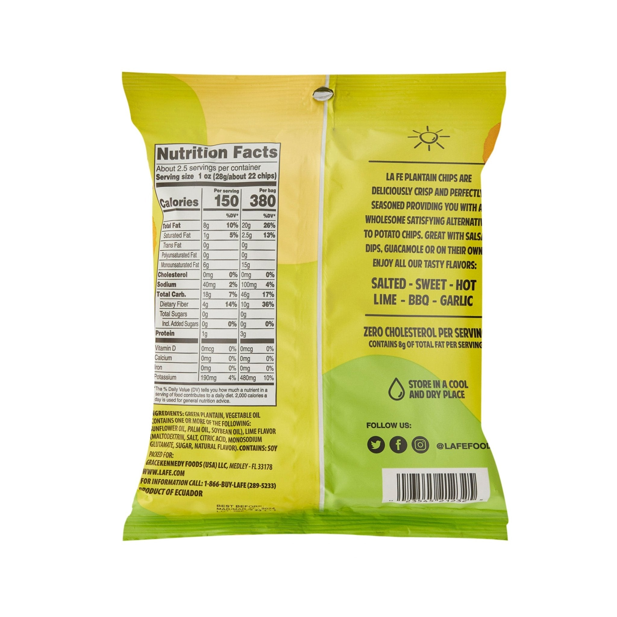 Nutrition facts for LA FE Plantain Chips Lemon, a quality latin food snack with tropical flavors, perfect for guilt-free indulgence.