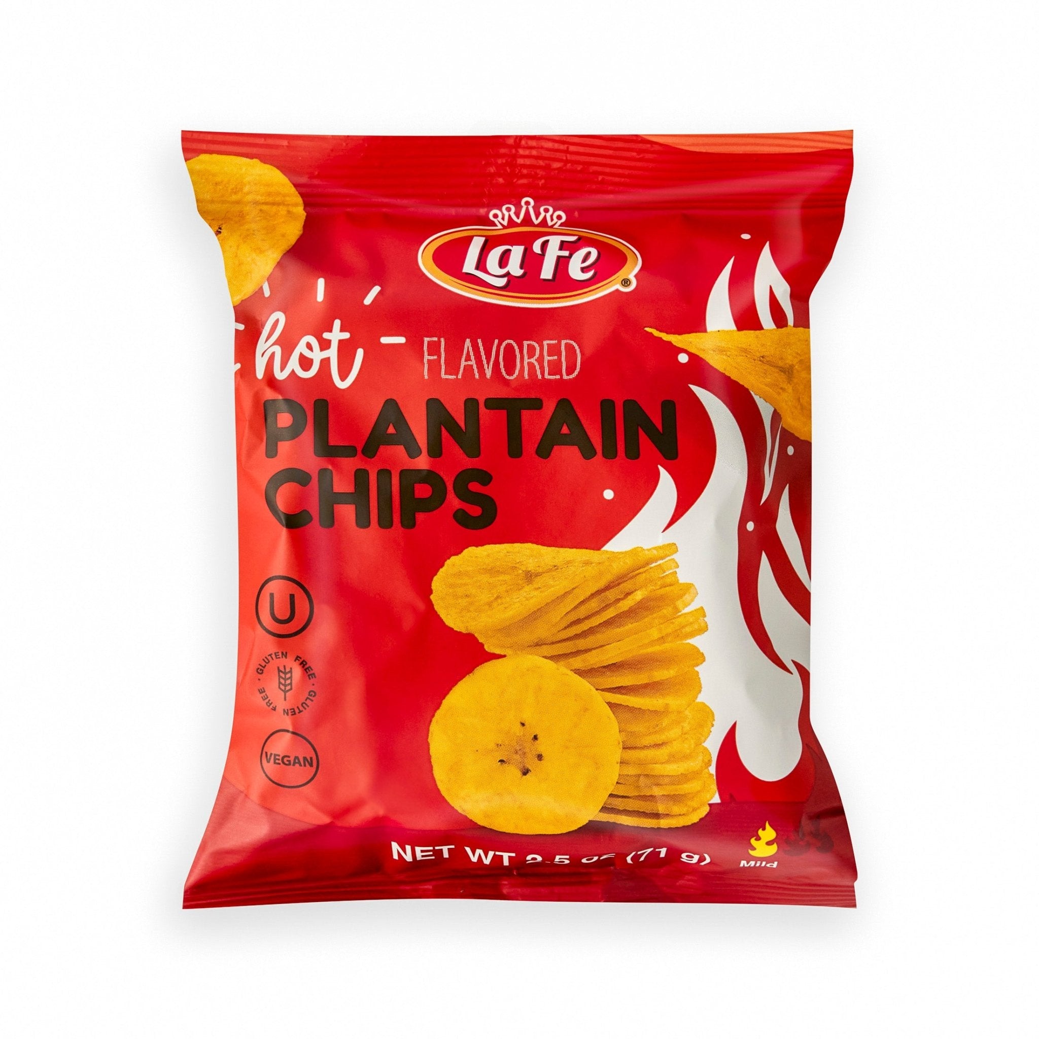 Spicy La Fe Plantain Chips in red packaging, perfect for snacking and enjoying authentic Latin flavors.