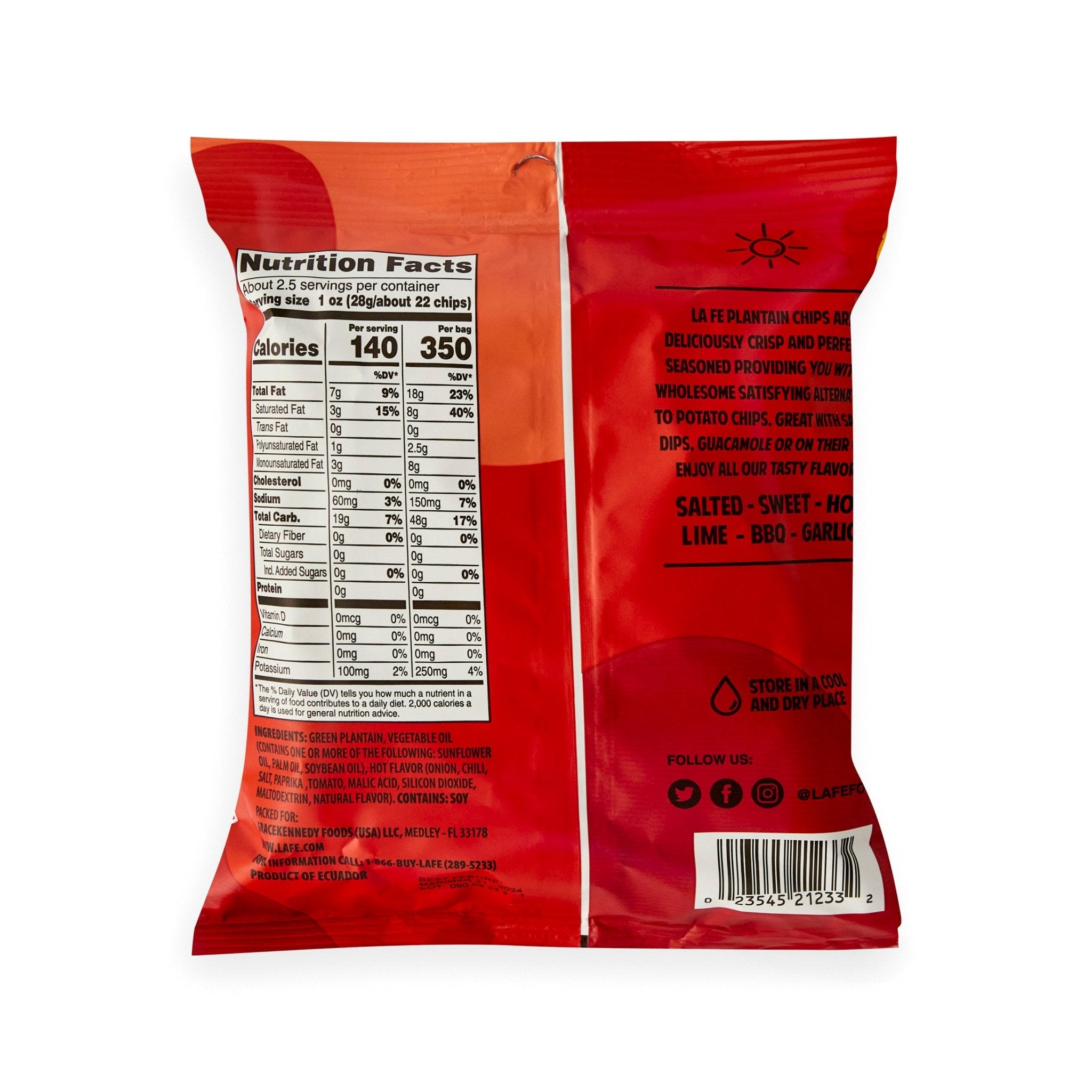 Back of LA FE Chips Plantain Hot bag showcasing nutrition facts and ingredients for authentic Latin flavors.