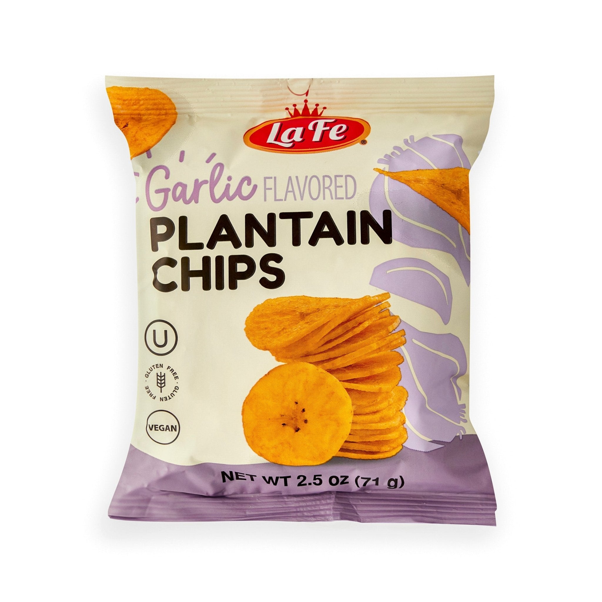 LA FE Garlic Flavored Plantain Chips 2.5 oz - Authentic Latin snack with tropical flavors, perfect for a crunchy treat.