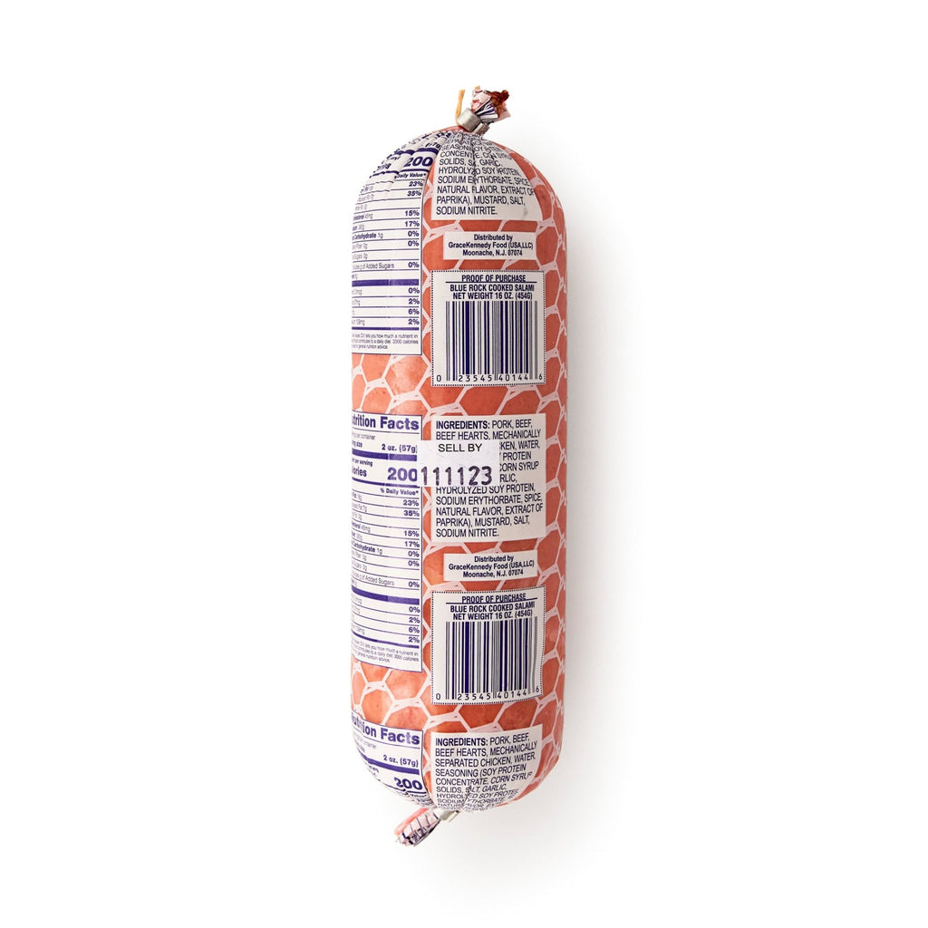 Blue Rock Salchichon Mallita, high-quality traditional Latin sausage with nutrition facts on packaging.