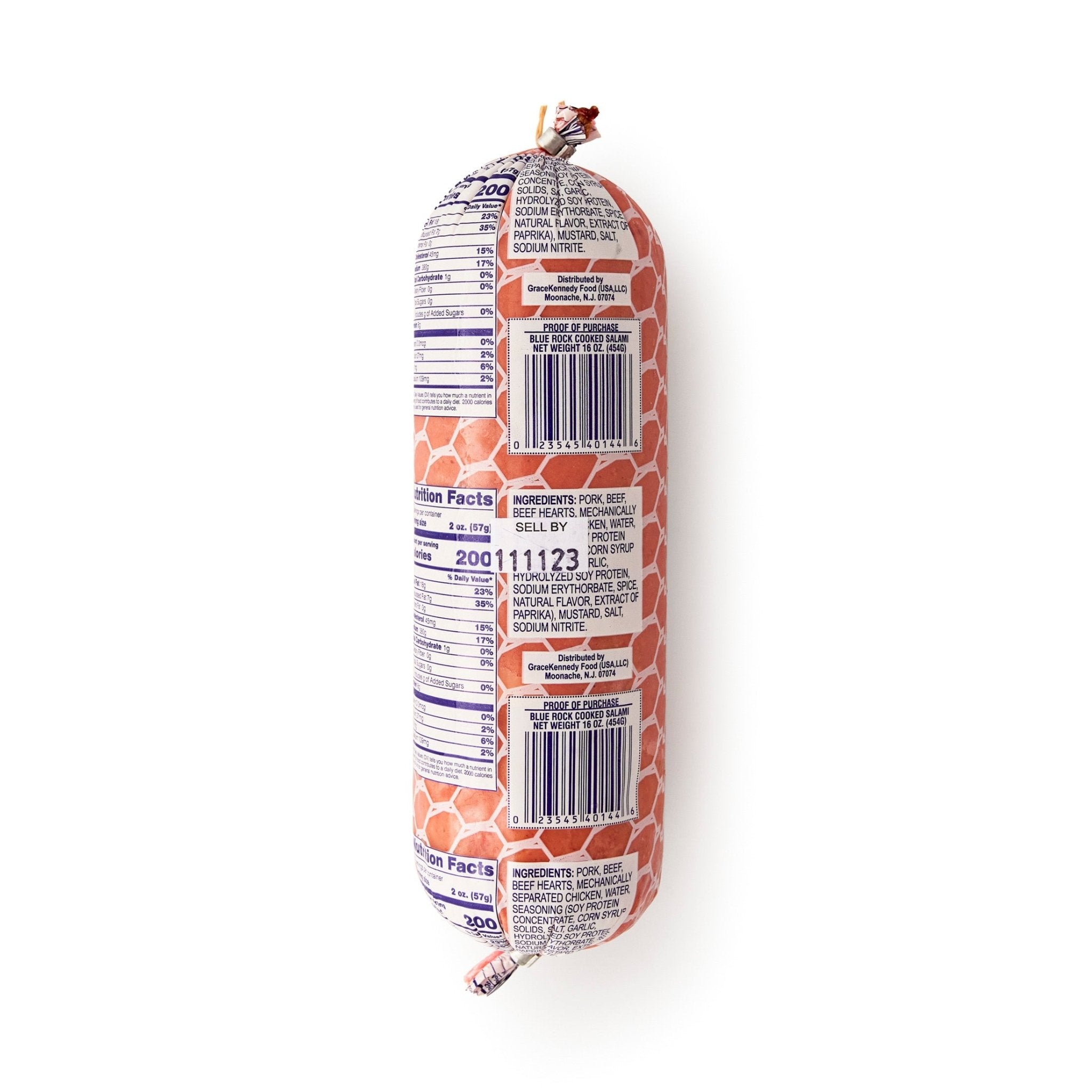 Blue Rock Salchichon Mallita, high-quality traditional Latin sausage with nutrition facts on packaging.
