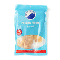 BLUE ROCK SALTED POLLOCK FILLET packaging, quality Latin food, nutritious frozen seafood for Latin American flavors.