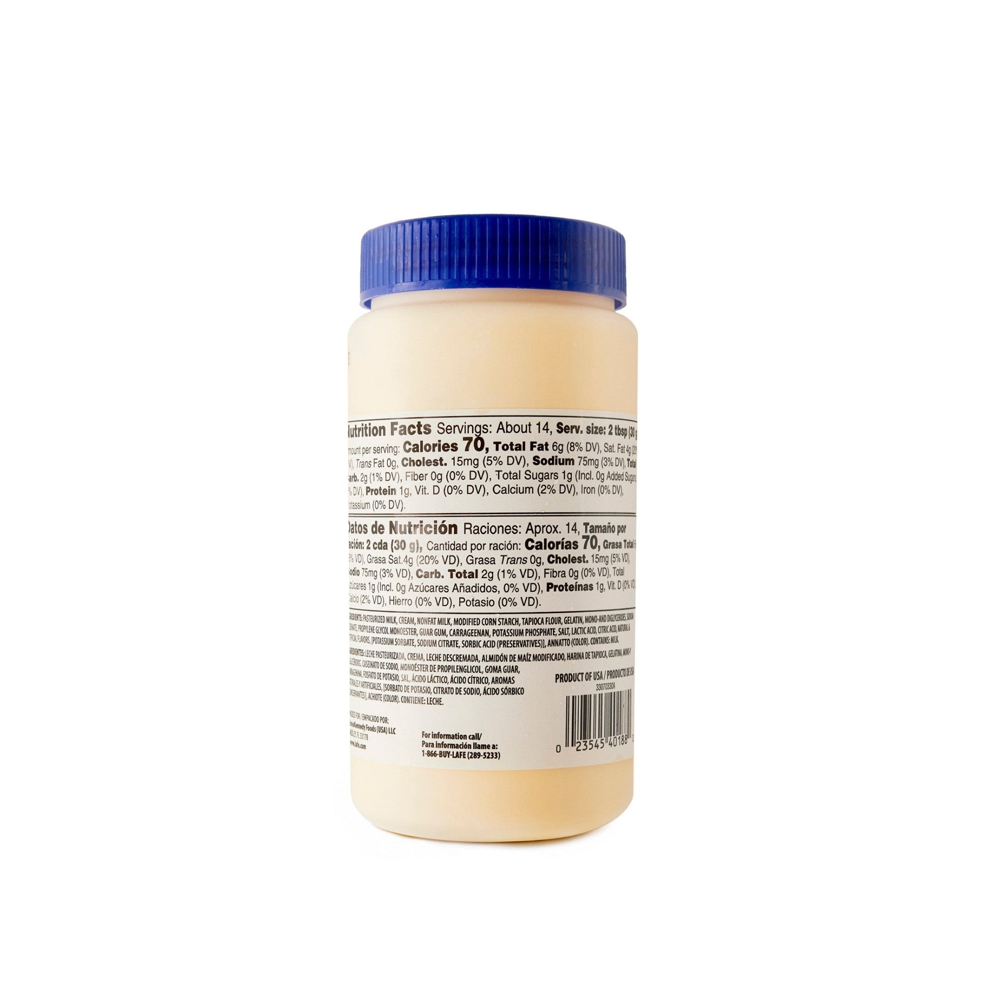 LA FE Crema Salvadoreña 12 oz jar with nutrition facts label; ideal for authentic Latin cooking and rich flavors.