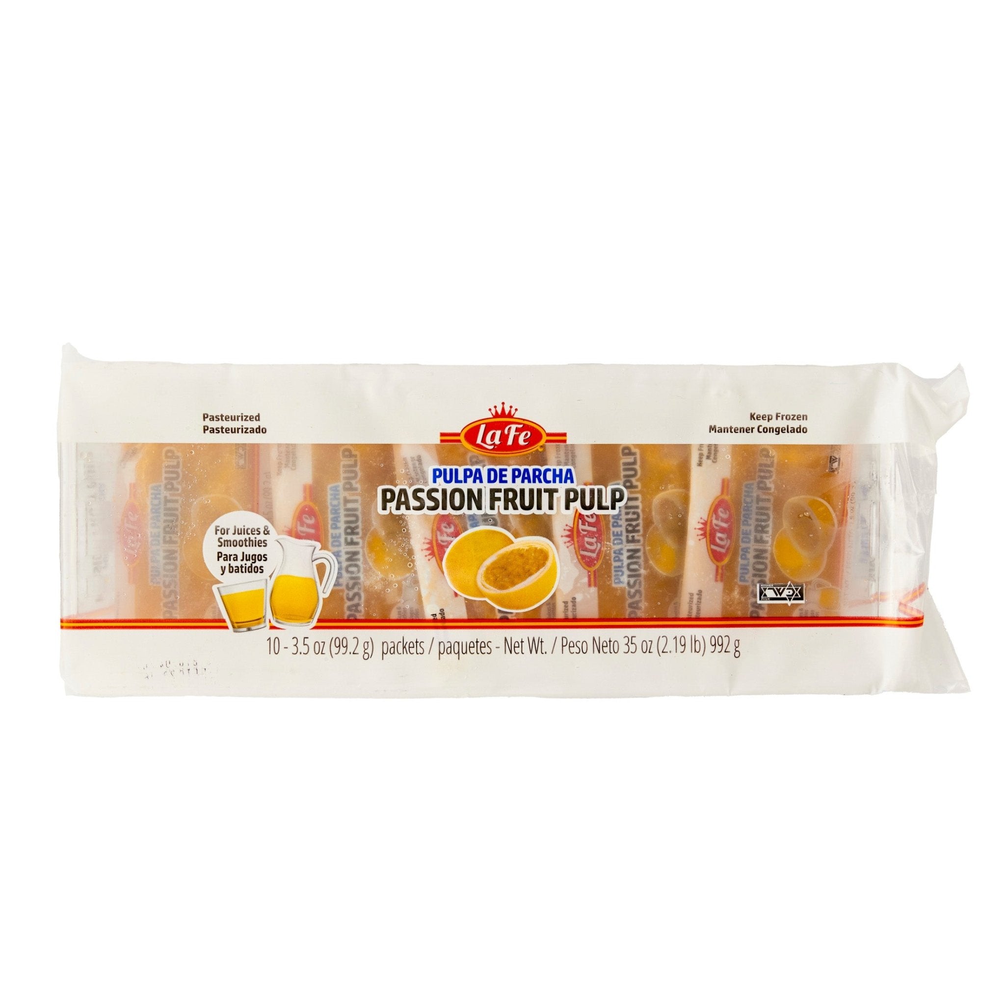 LA FE Pulp Parcha passion fruit pulp packets, 100% natural, perfect for refreshing drinks, quality Latin food.