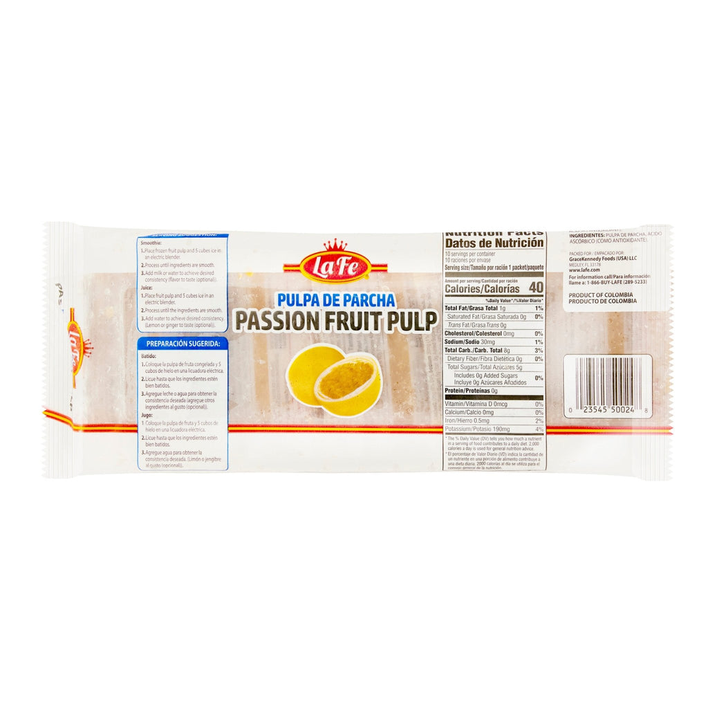 LA FE PULP PARCHA passion fruit pulp, a delicious 100% natural juice option for fresh Latin food lovers.