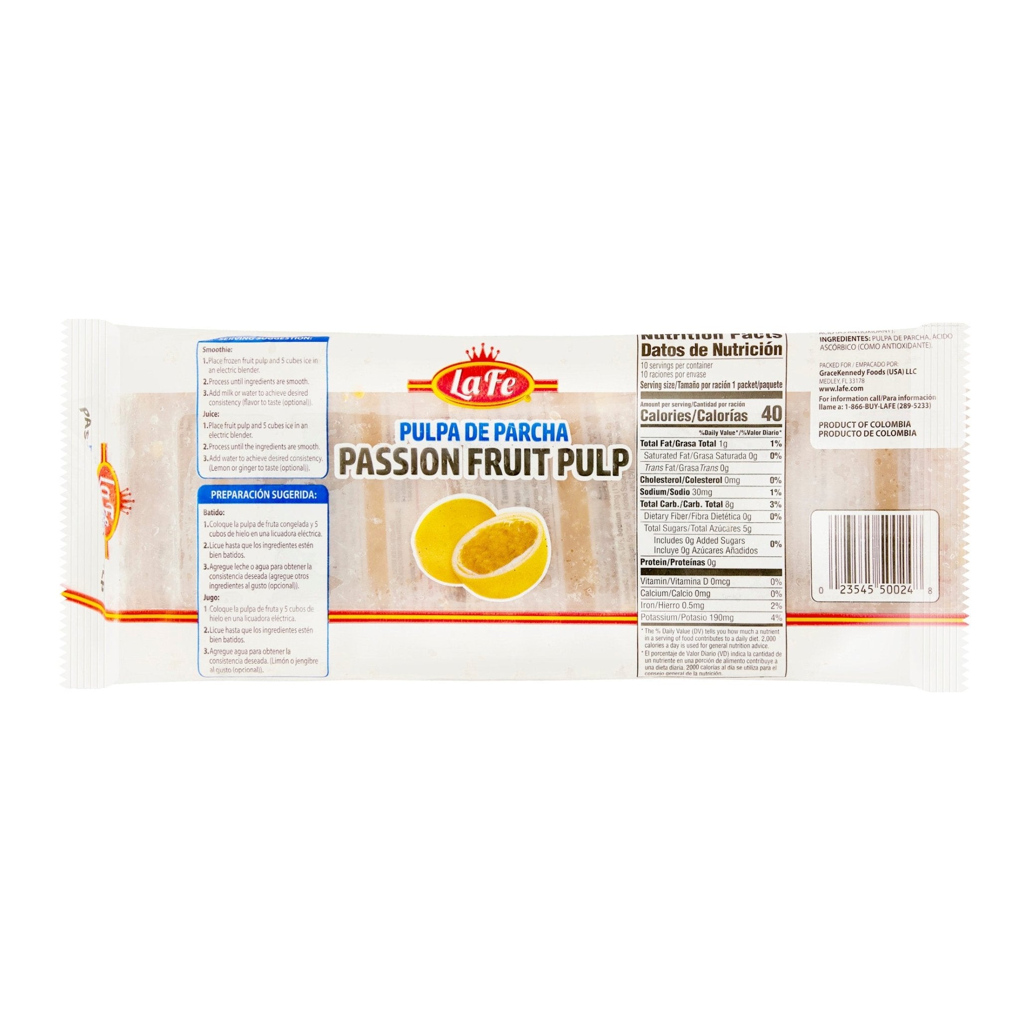 LA FE PULP PARCHA passion fruit pulp, a delicious 100% natural juice option for fresh Latin food lovers.