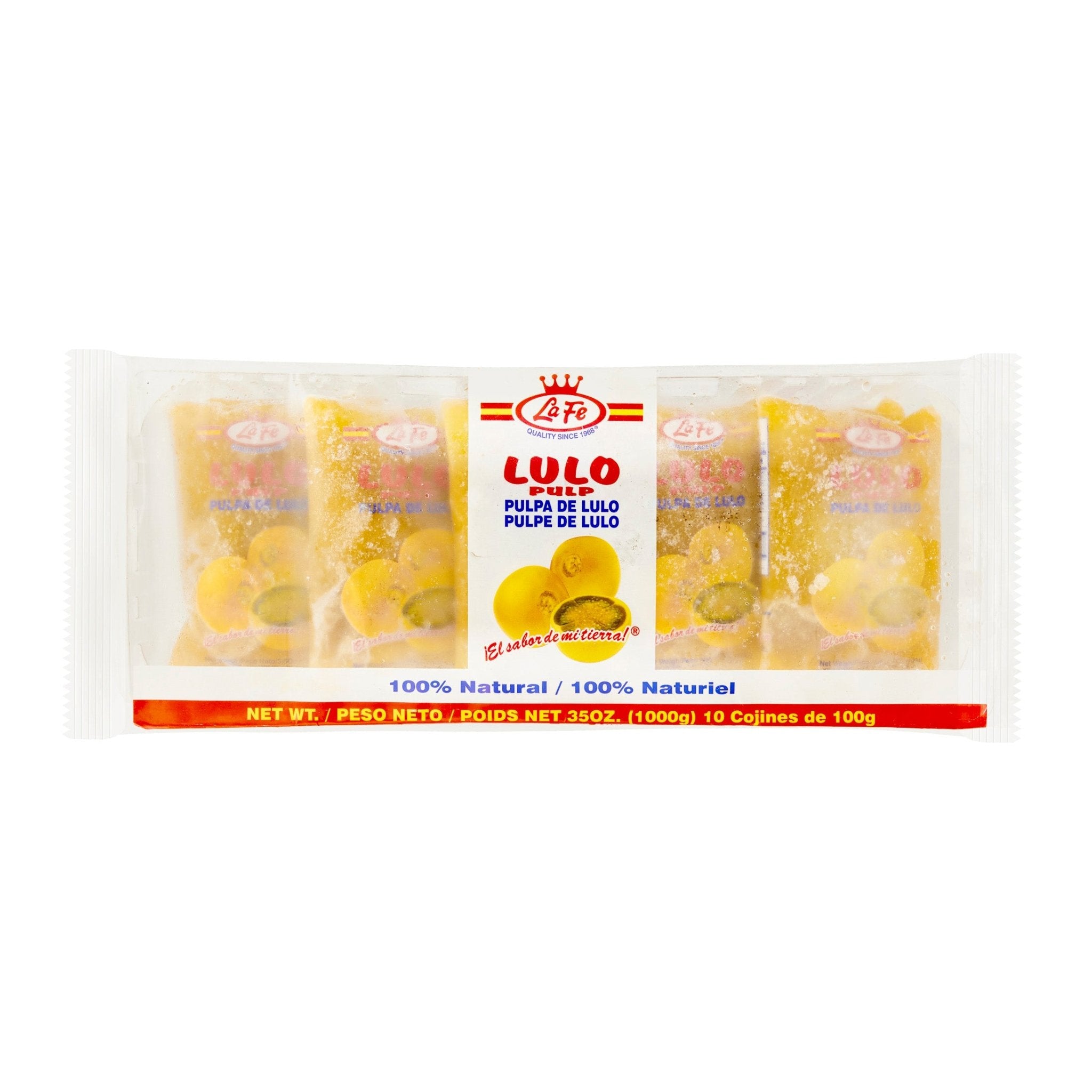 La Fe Lulo Cojines pack, 100% natural, delicious Latin food product with tropical flavors for a refreshing snack.