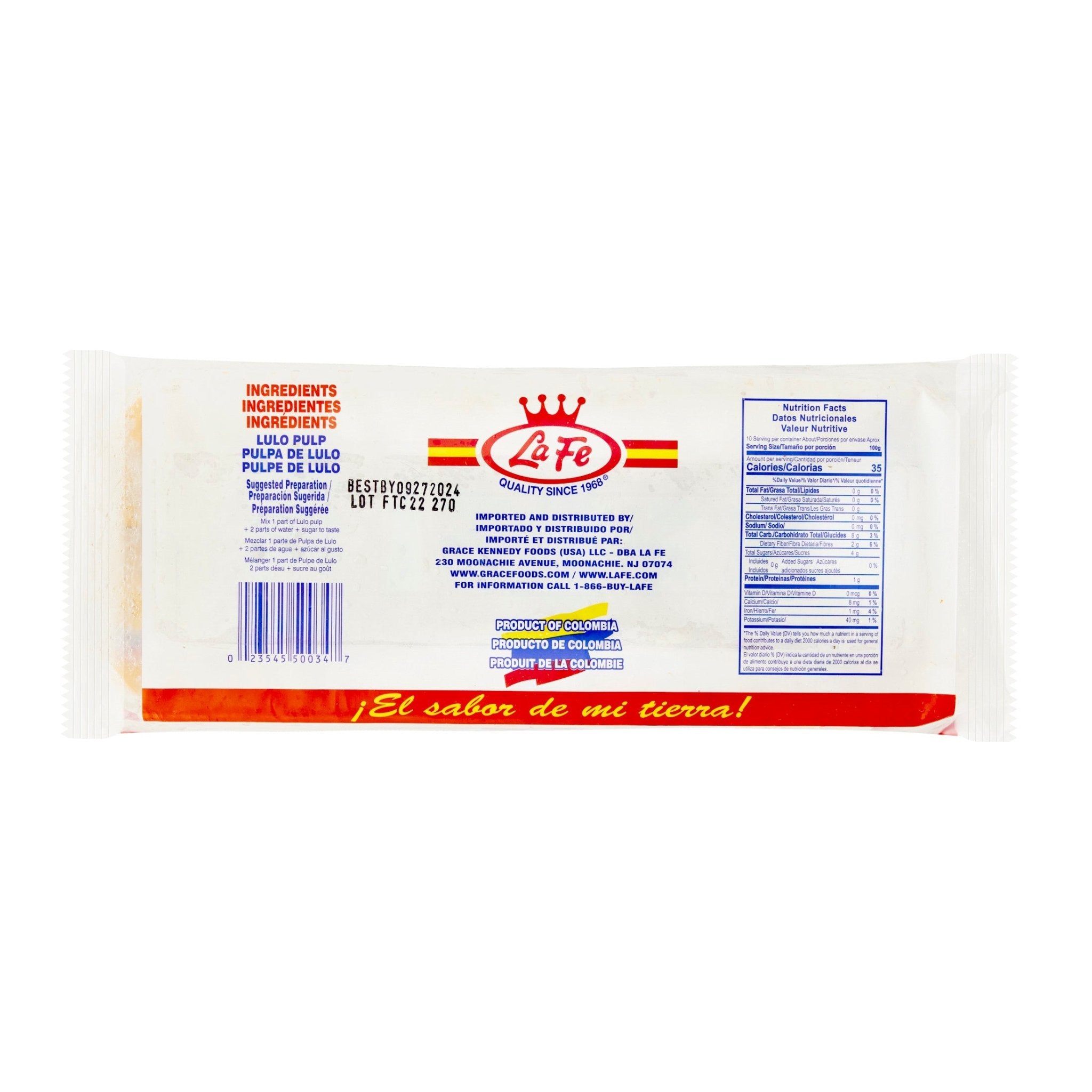 La Fe Lulo-Cojines pack showcasing ingredients and nutrition facts for authentic Latin snack.