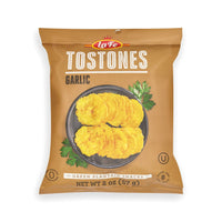 La Fe Tostones Garlic snack, made from green plantains, offering authentic Latin flavors for delicious snacking.