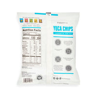 La Fe Cassava Chips Sea Salt 24x57g bag showcasing nutrition facts, perfect for healthy snacking with authentic Latin flavors.