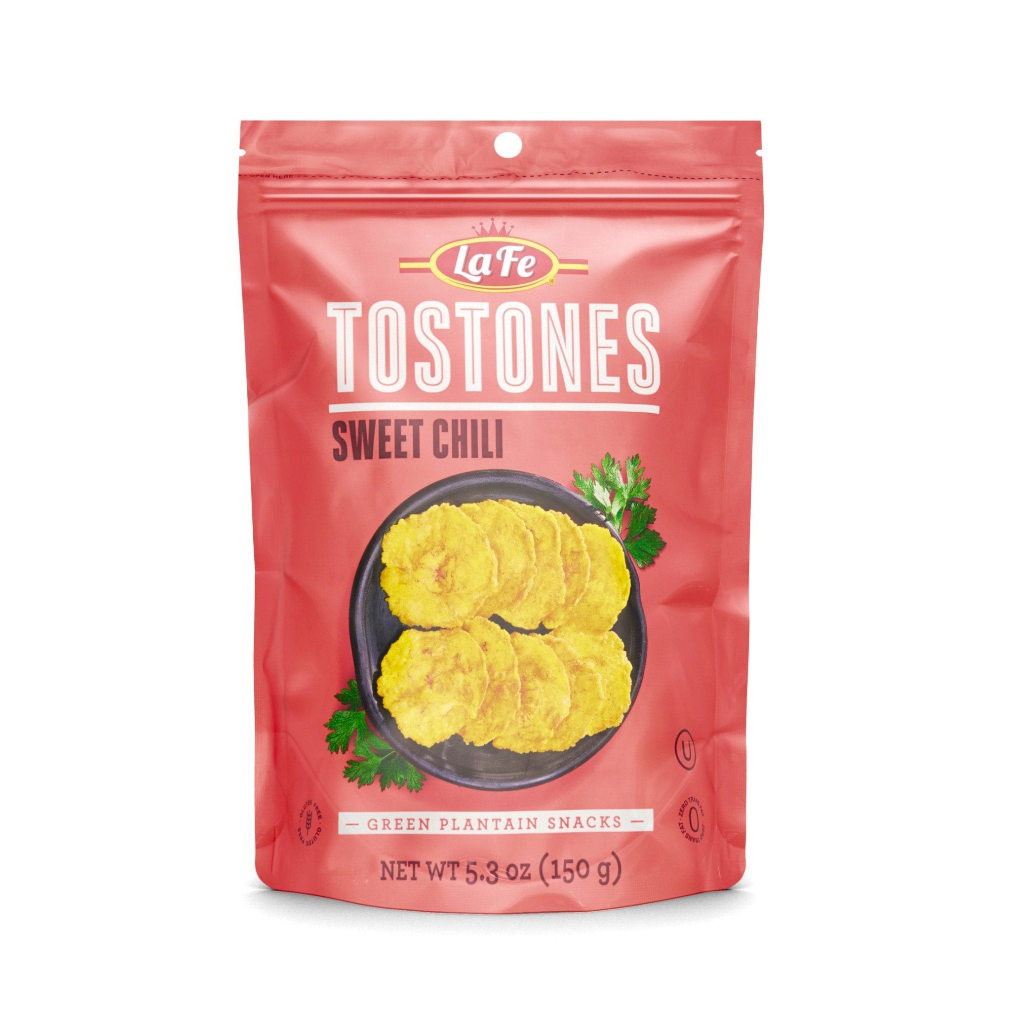 La Fe Tostones Sweet & Chili snack pack showcasing crispy green plantain chips, a blend of sweet and spicy flavors.