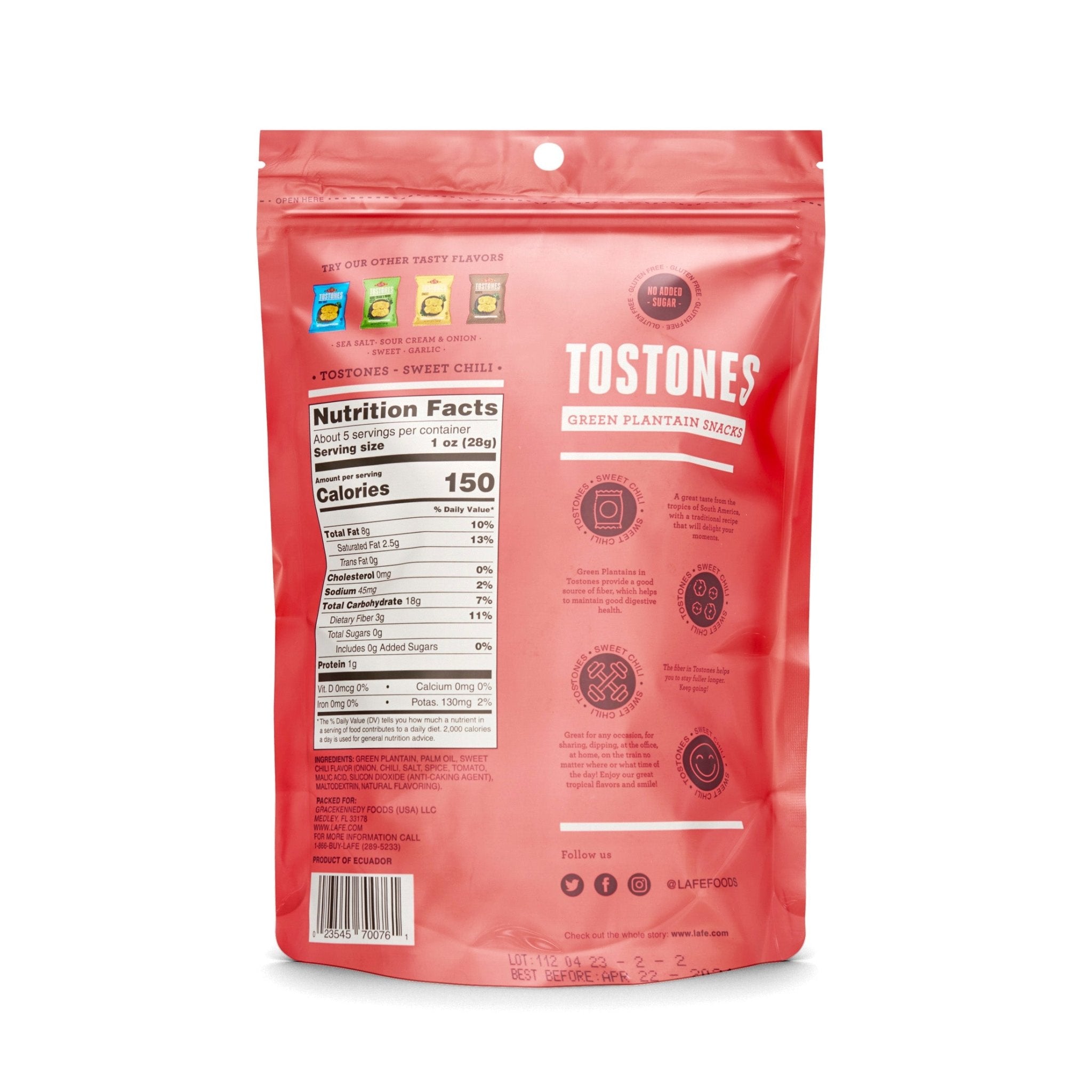 LAFE TOSTONES Sweet & Chili packaging showcasing nutritional facts and vibrant design, perfect for quality Latin snacks.