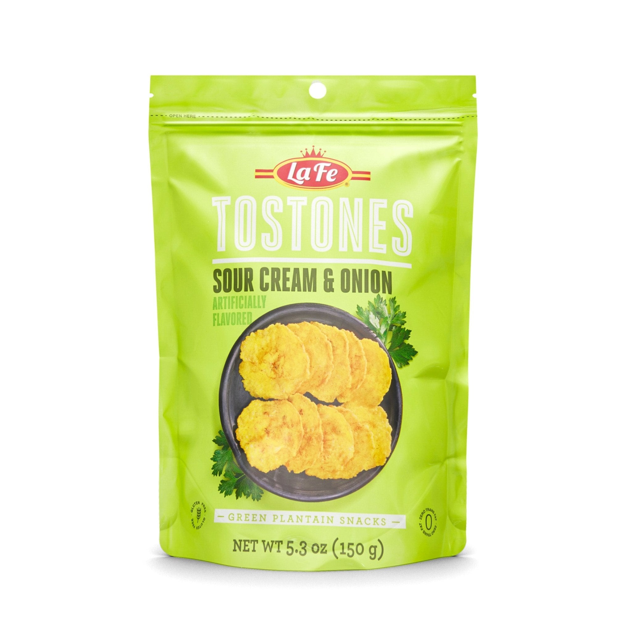 La Fe Tostones Sour Cream & Onion, crispy green plantain snacks, perfect for authentic Latin food lovers.