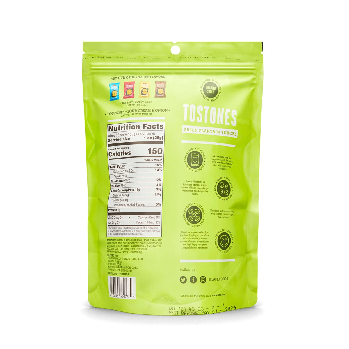 LA FE Tostones Sour Cream & Onion 150g package showcasing nutrition facts and vibrant green design for quality Latin snacks.