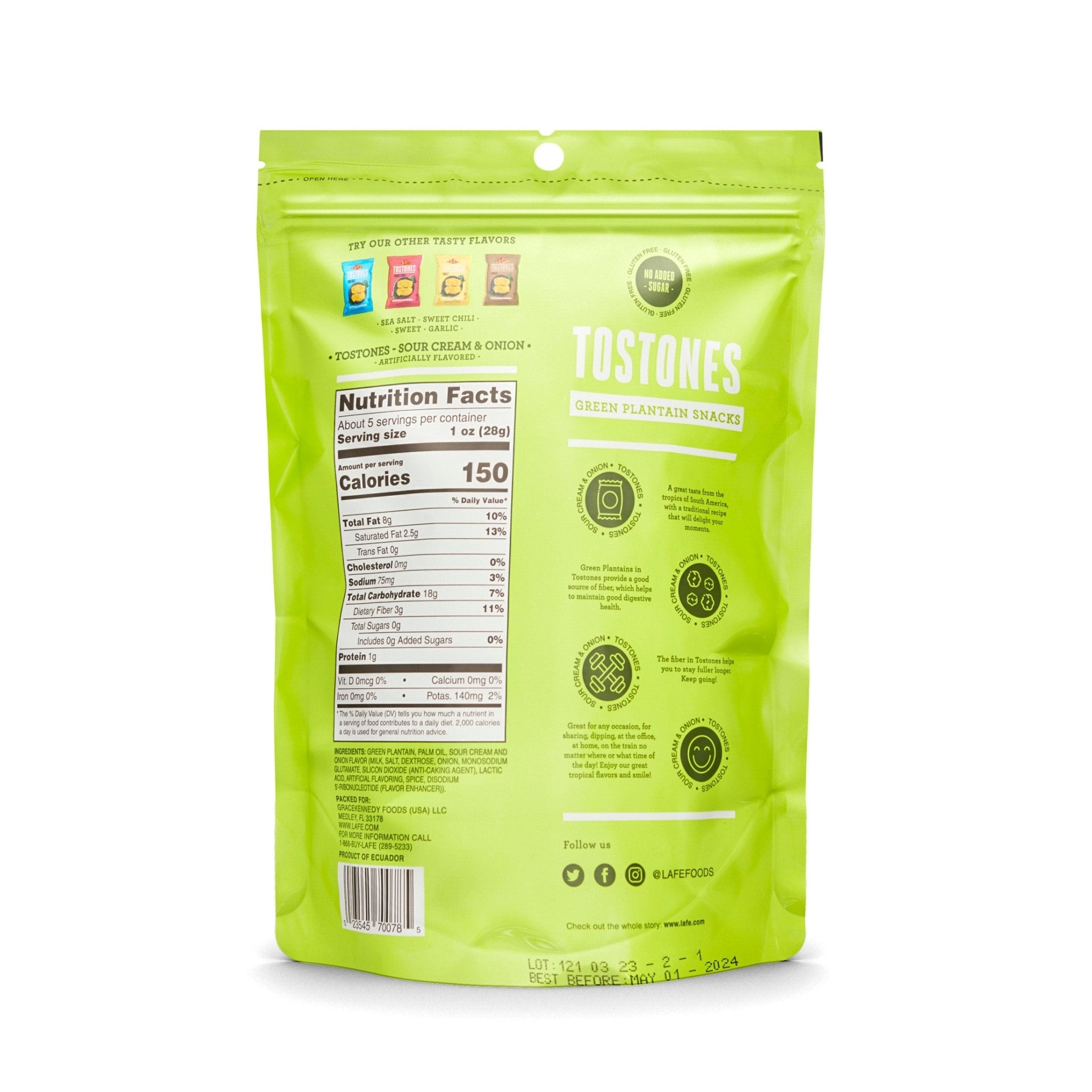 LA FE Tostones Sour Cream & Onion 150g package showcasing nutrition facts and vibrant green design for quality Latin snacks.