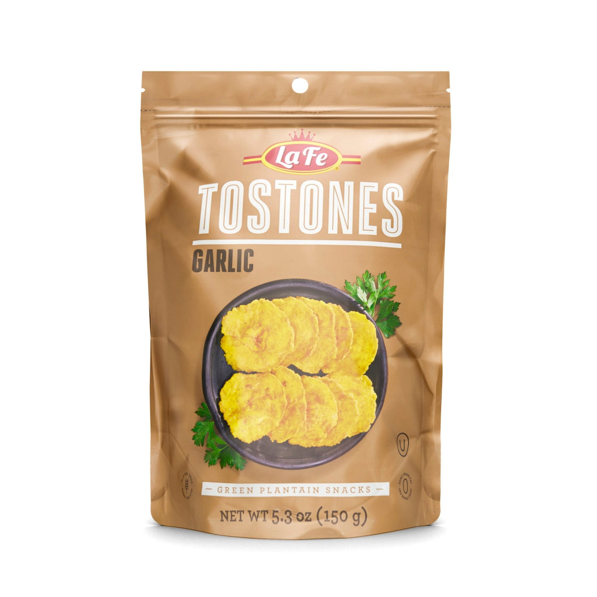 LAFE TOSTONES GARLIC 150g pack of crunchy garlic-flavored green plantain snacks for authentic Latin food lovers.