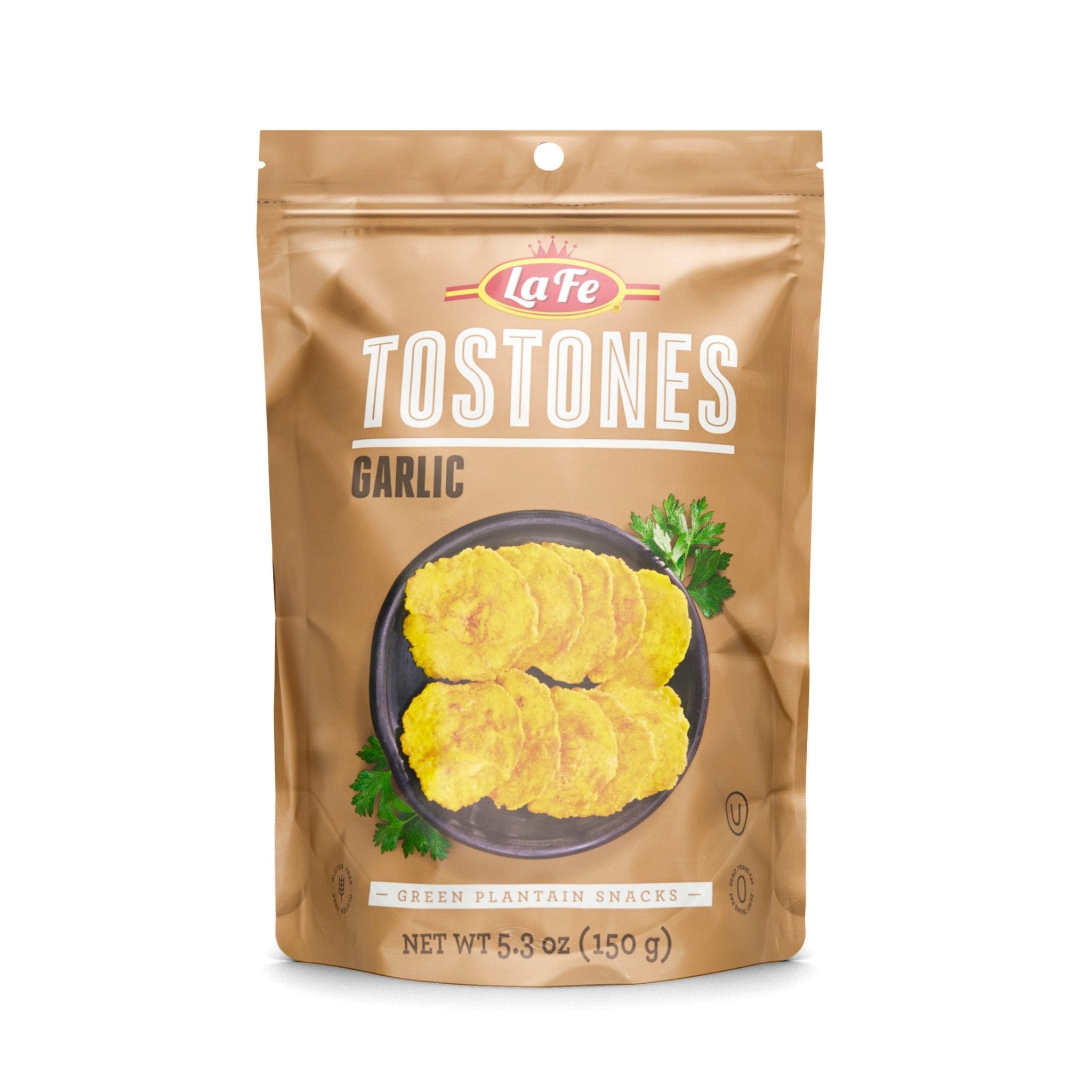 LAFE TOSTONES GARLIC 150g pack of crunchy garlic-flavored green plantain snacks for authentic Latin food lovers.