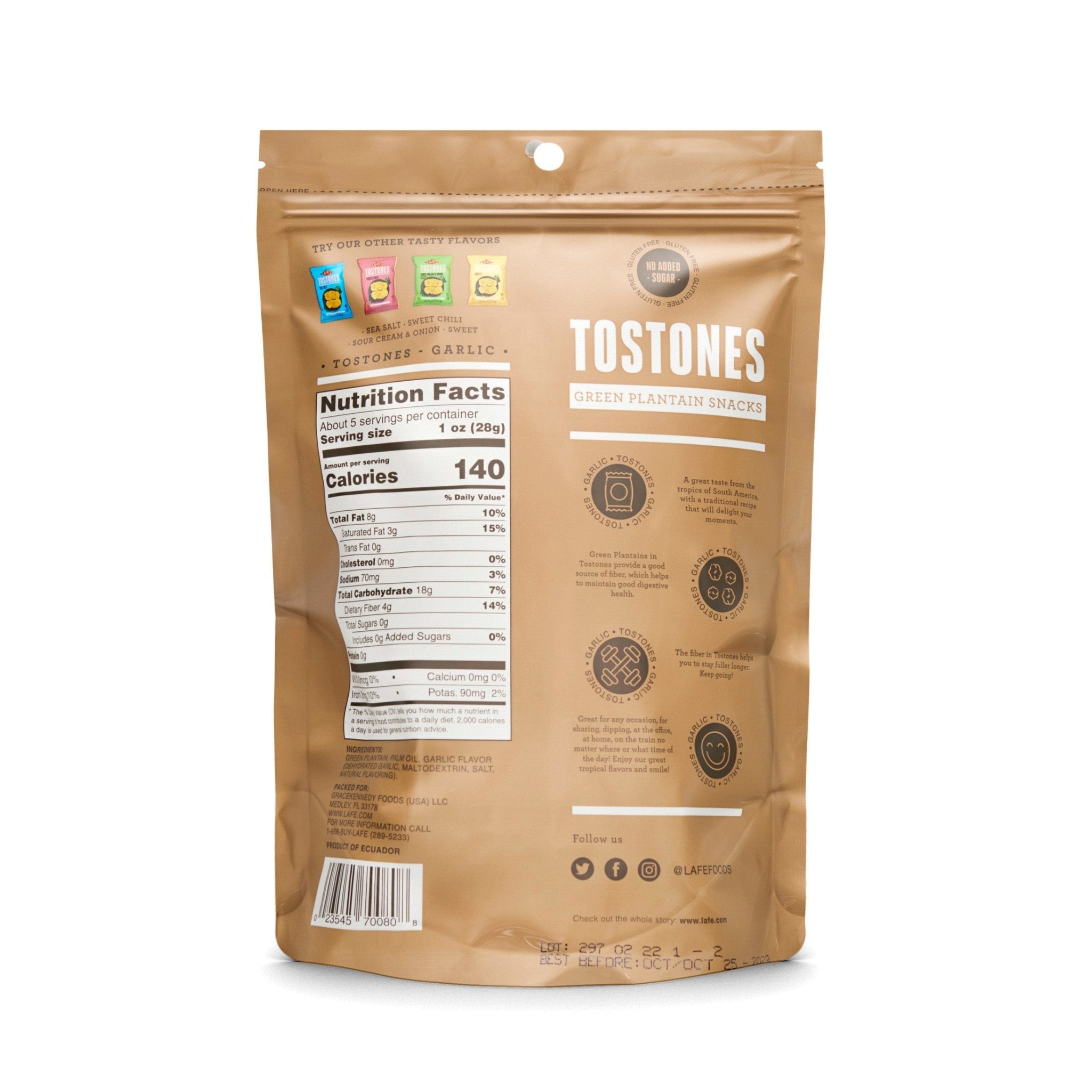 LAFE TOSTONES GARLIC 150g pack, crunchy garlic-flavored green plantain snacks, perfect for a tasty Latin food experience.
