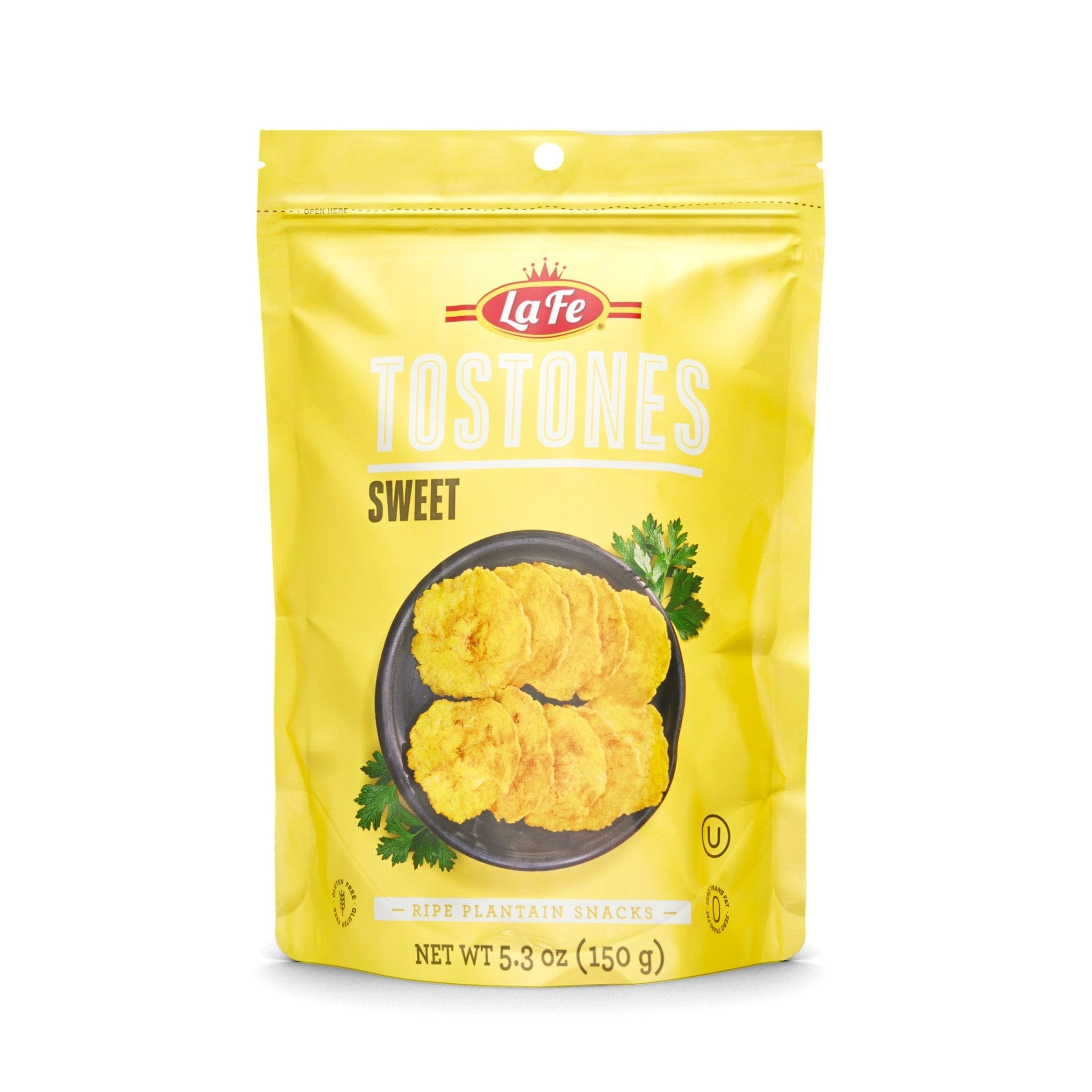 LAFE TOSTONES SWEET (DULZON) 150g pack, crispy fried plantain snacks capturing vibrant Latin flavors.
