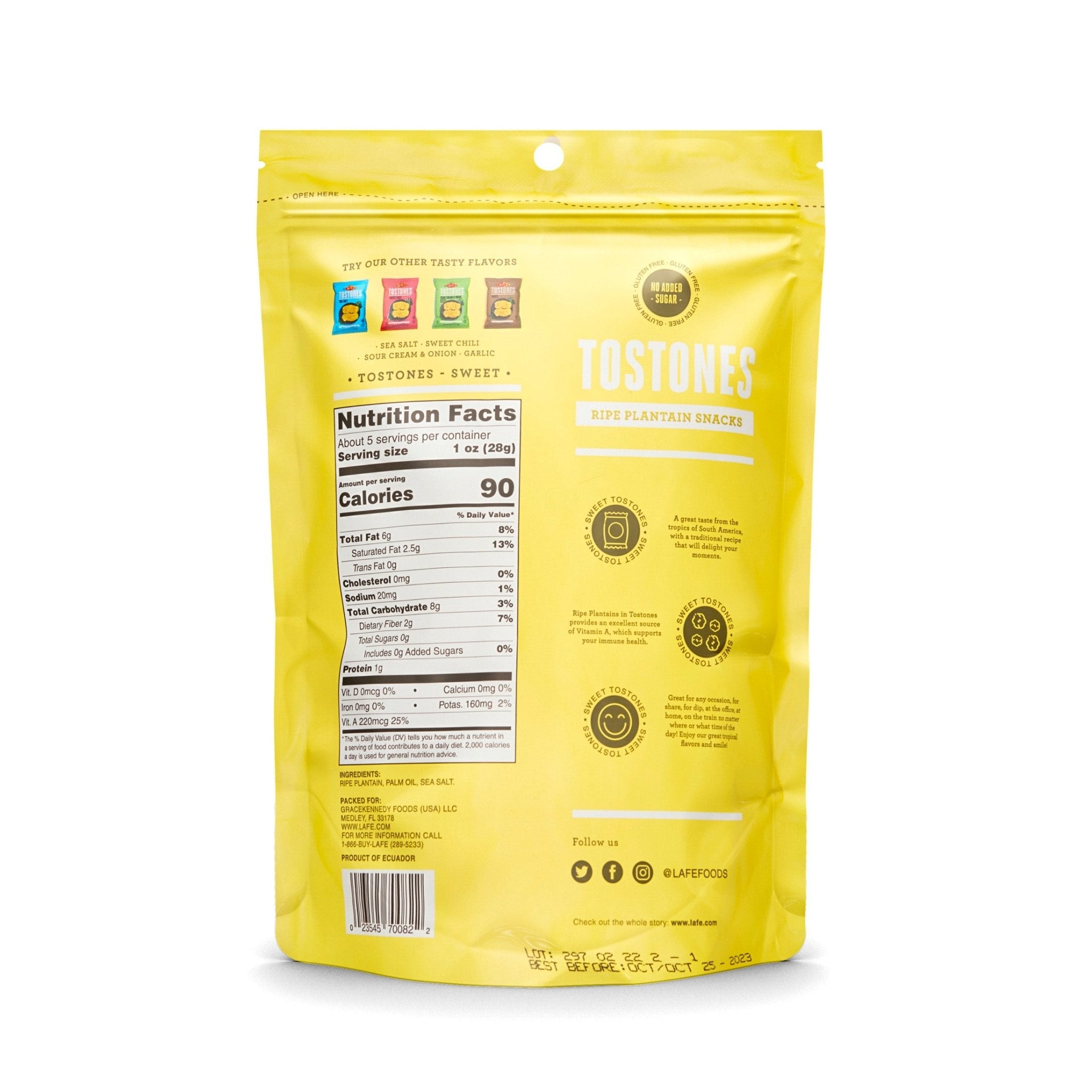 Back of LA FE TOSTONES SWEET (DULZON) packaging featuring nutrition facts and vibrant yellow design.