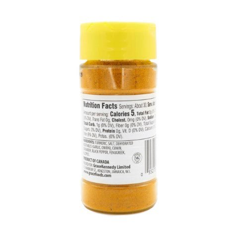 GR. JA STYLE Mild Curry Powder 12oz with nutritional facts and vibrant packaging for authentic Latin cooking.