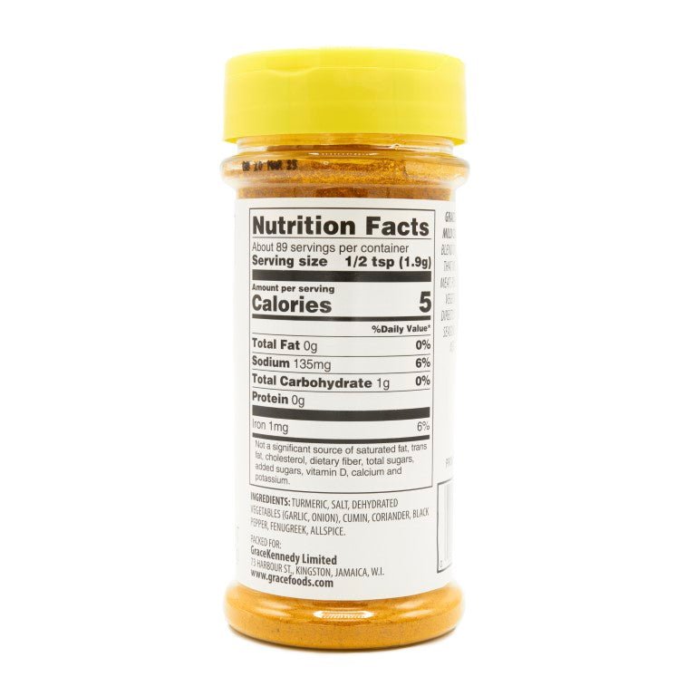 Nutrition facts label on GR. JA STYLE MILD CURRY POWDER showcasing serving size and nutritional information.