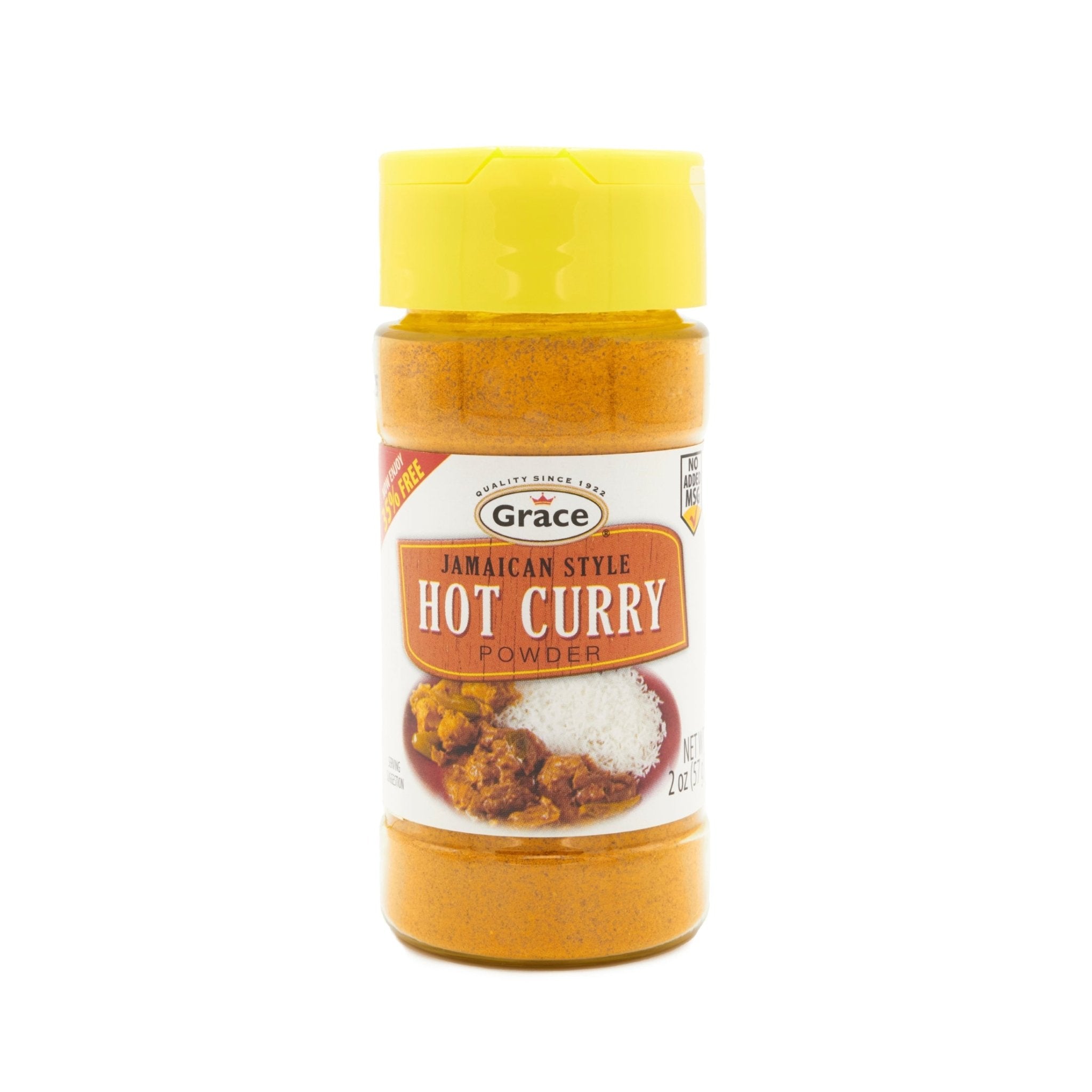 GR Jamaican Style Hot Curry Powder 12x2oz jar, ideal for authentic Latin food and vibrant tropical flavors.