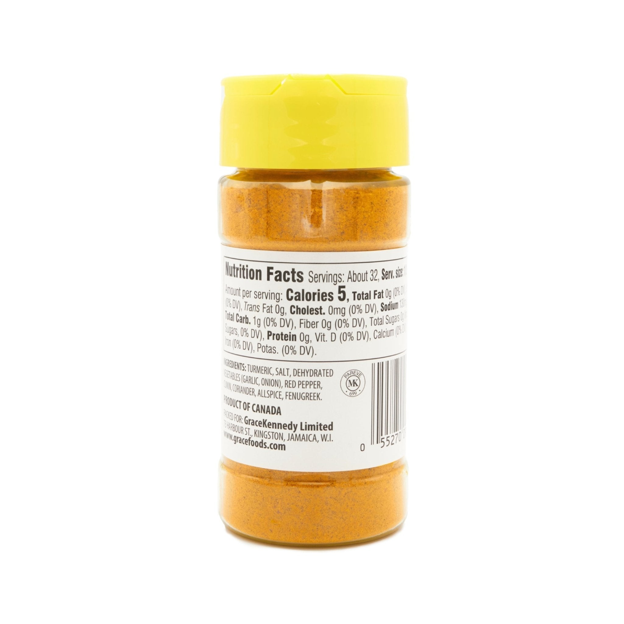 GR. JA STYLE HOT CURRY POWDER bottle showcasing nutrition facts, perfect for vibrant and authentic Latin food preparation.