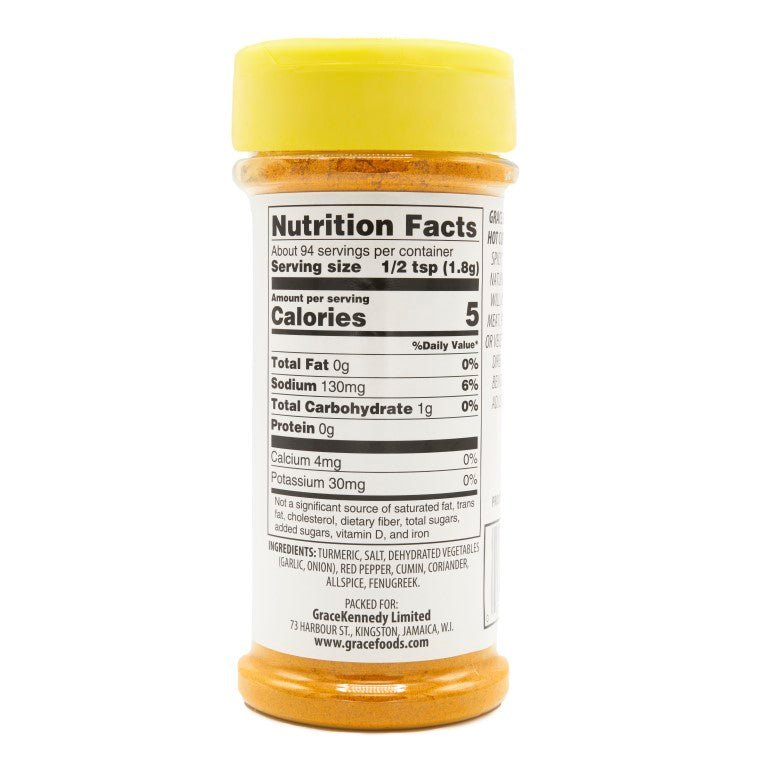 Nutrition facts for GR. JA STYLE HOT CURRY POWDER showcasing all-natural ingredients for flavorful cooking.