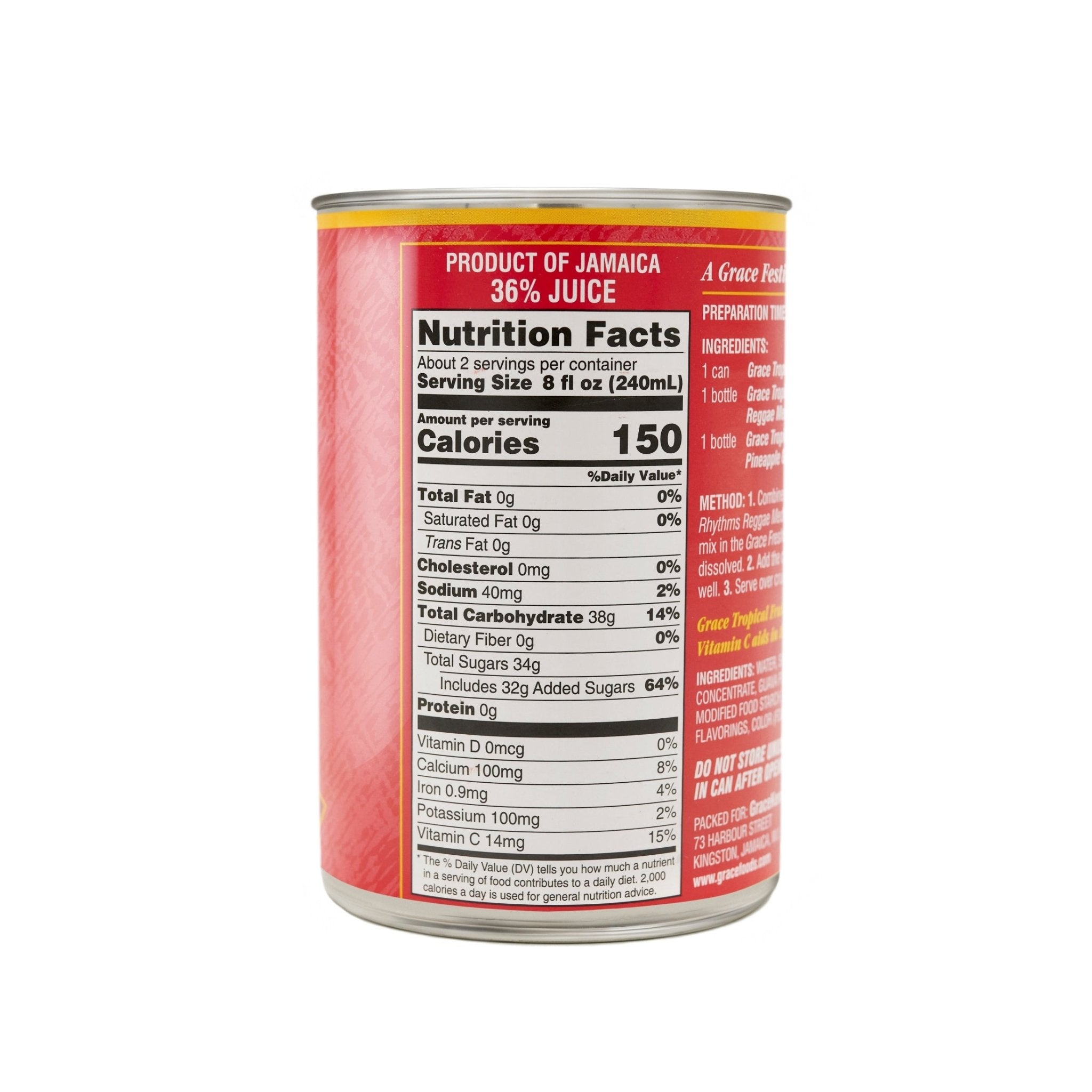 Nutrition label of Grace Fruit Punch Drink, a quality Latin food product from Jamaica, rich in tropical flavors.